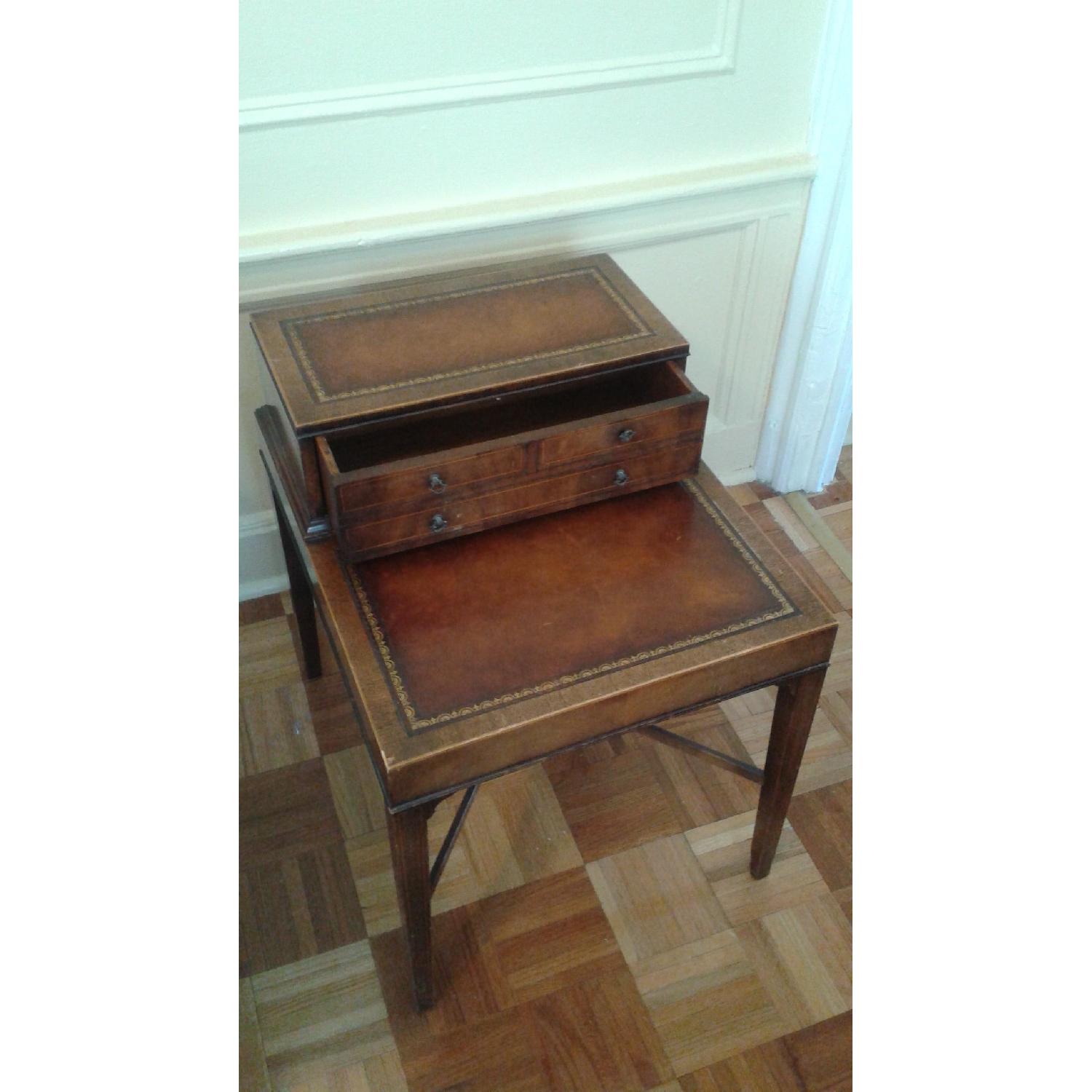 Antique Leather Cherrywood Side Table with Drawer - image-7