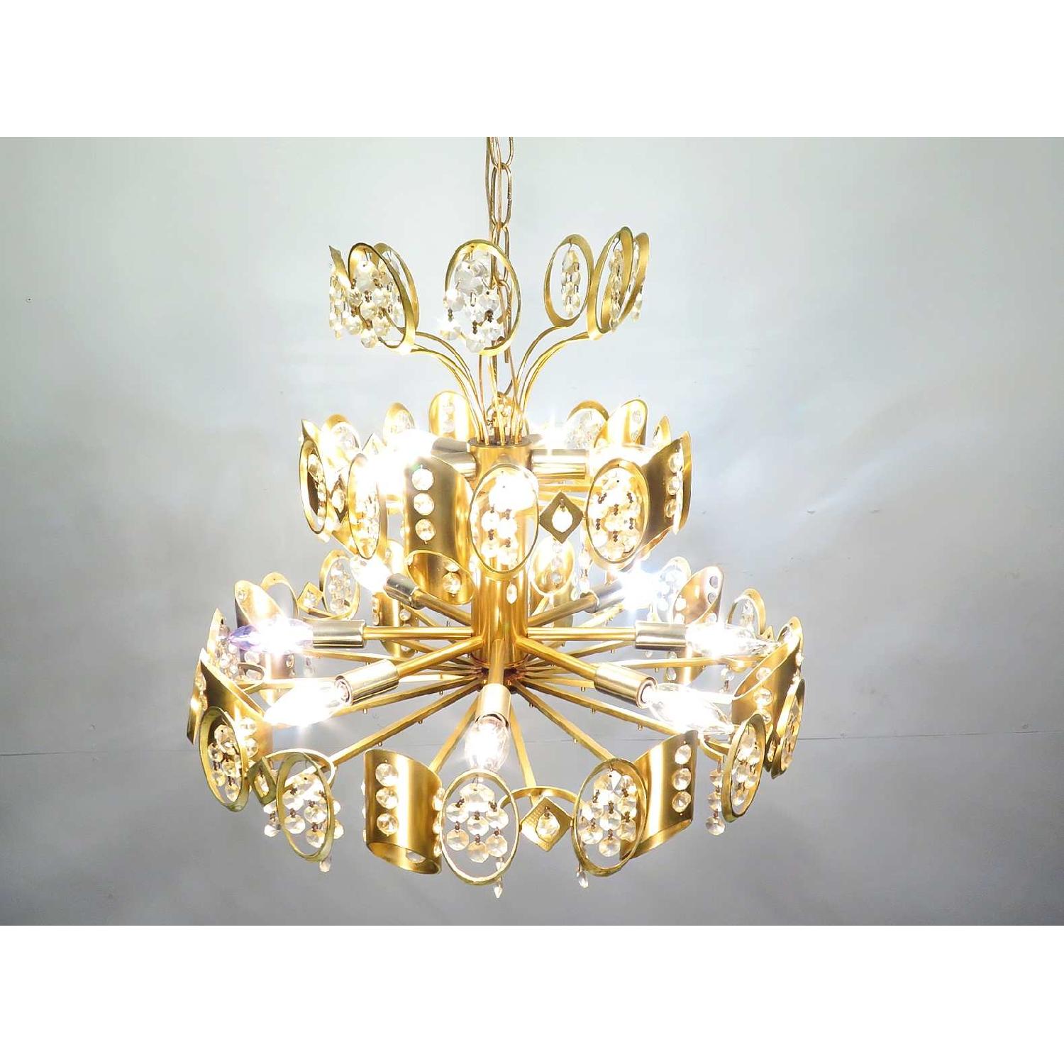 Antique  Swedish Mid-Century Retro Modern Chandelier w/ Crystal Gold Fixture - image-2
