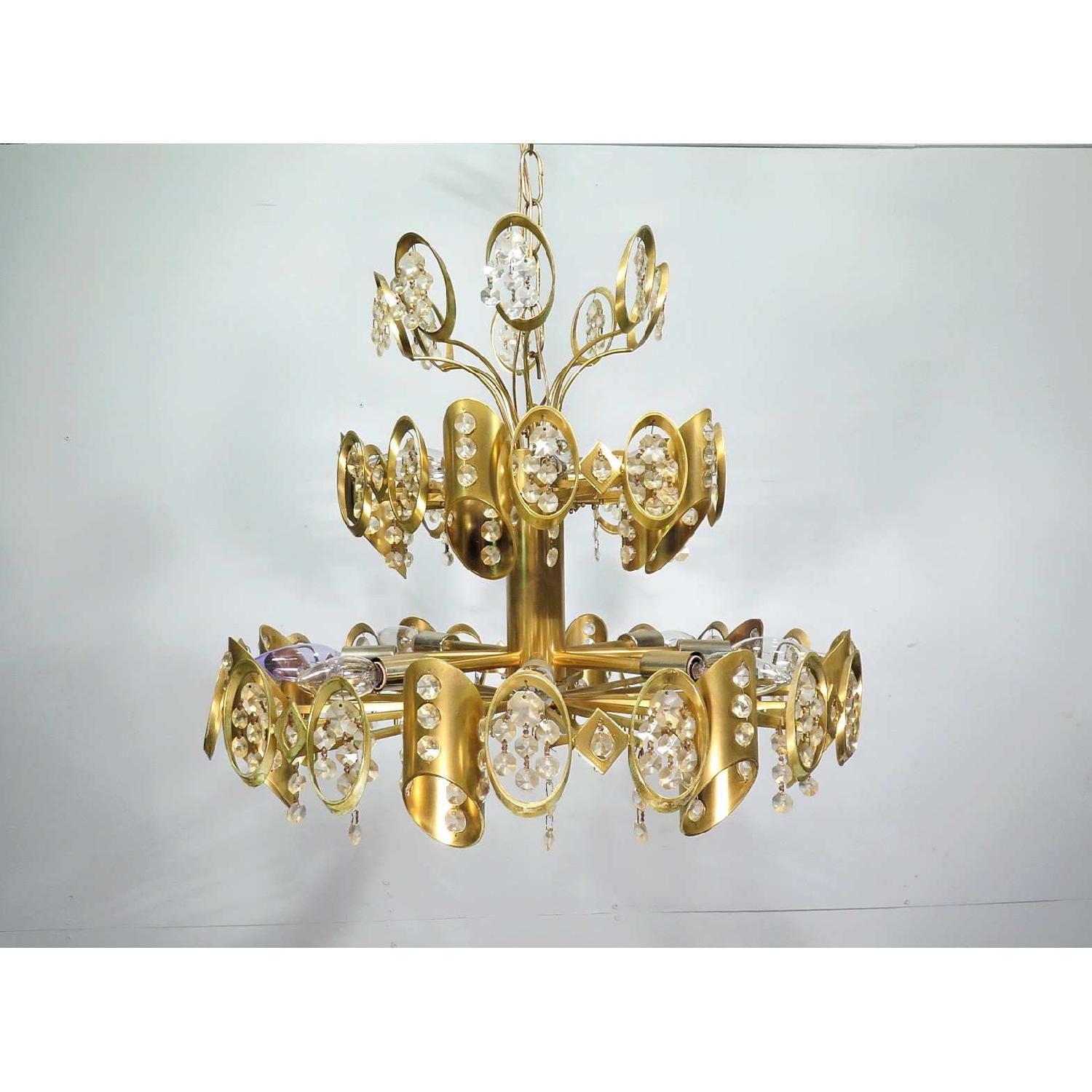 Antique  Swedish Mid-Century Retro Modern Chandelier w/ Crystal Gold Fixture - image-5