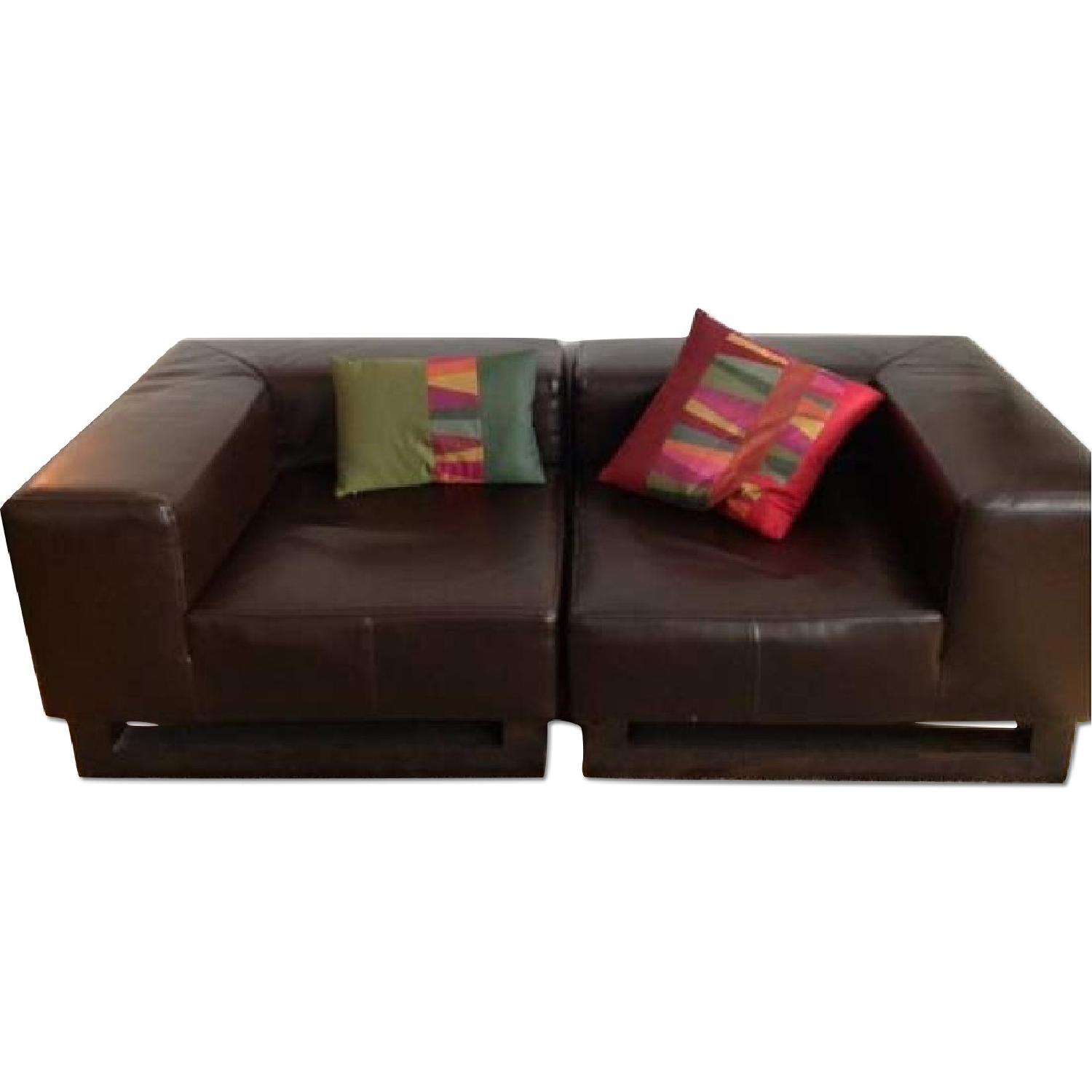 West Elm Modern Brown Leather Sectional Couch AptDeco