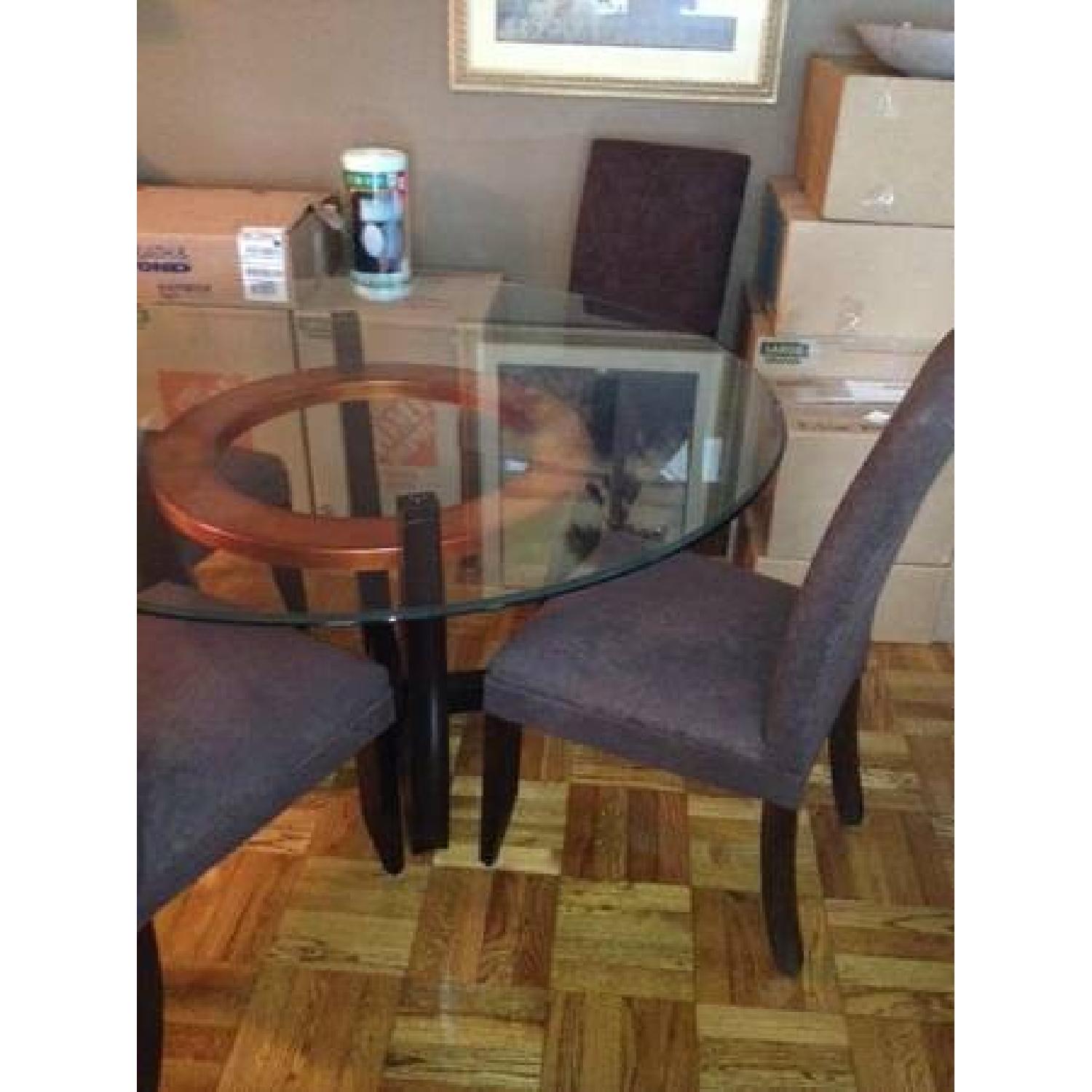 Macy's Glass Dining Table w/ 4 Upholstered Chairs AptDeco