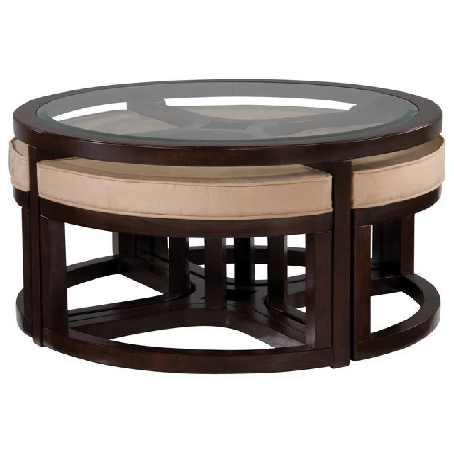 Raymour & Flanigan Juniper Glass Coffee Table w/ 4 Ottomans AptDeco
