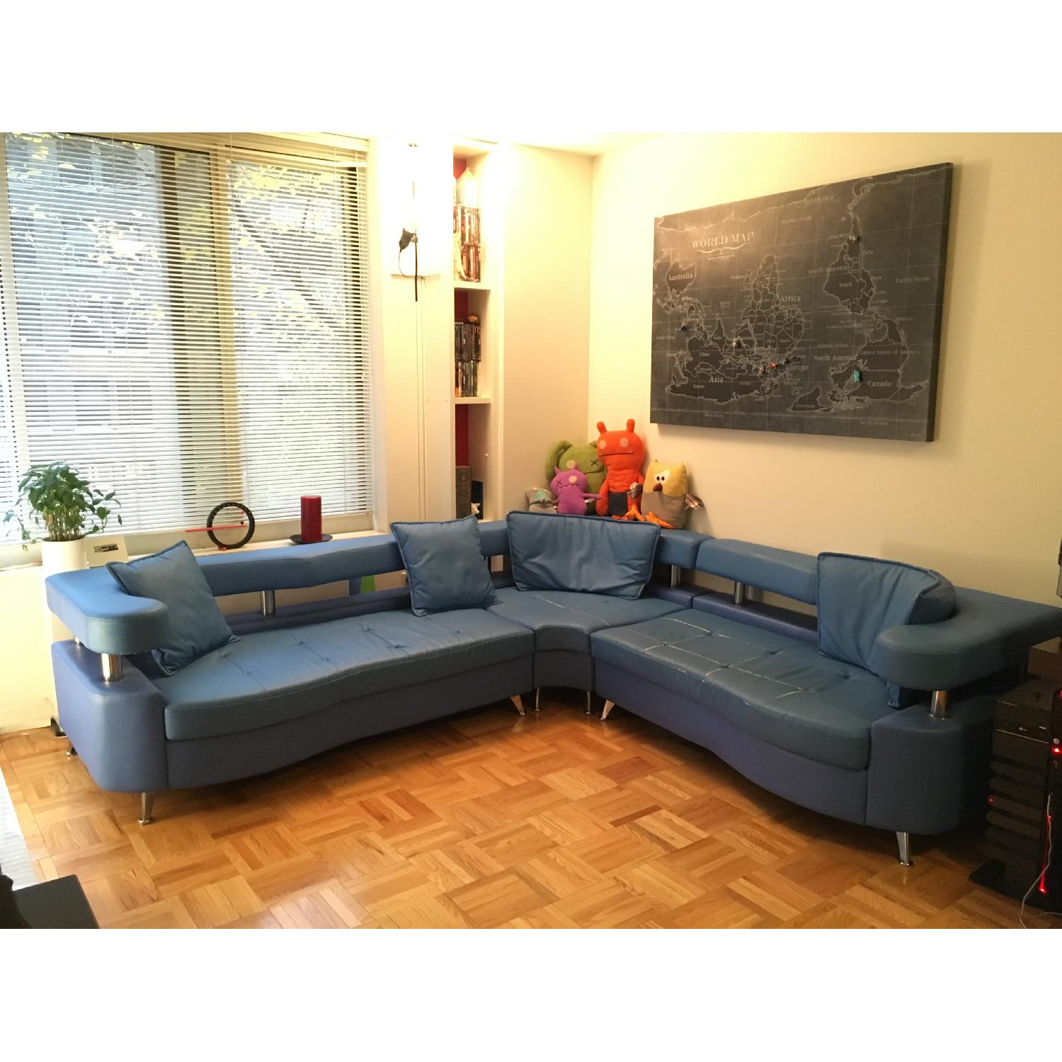 Custom Modern 3 Piece Sectional Sofa in Blue Leather - image-1