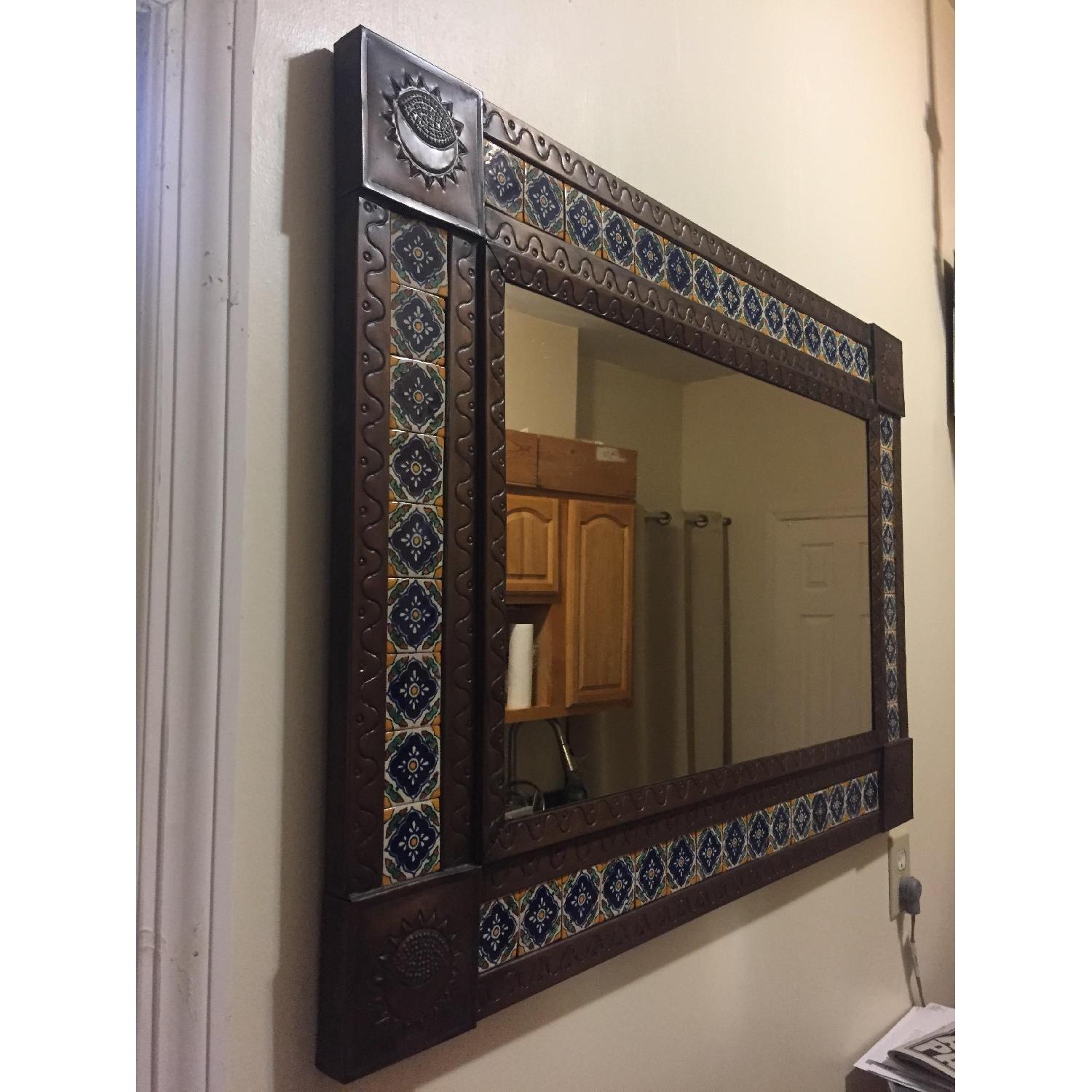 Punched Tin Mirror w/ Talavera Tile Mexican Folk Art - image-2
