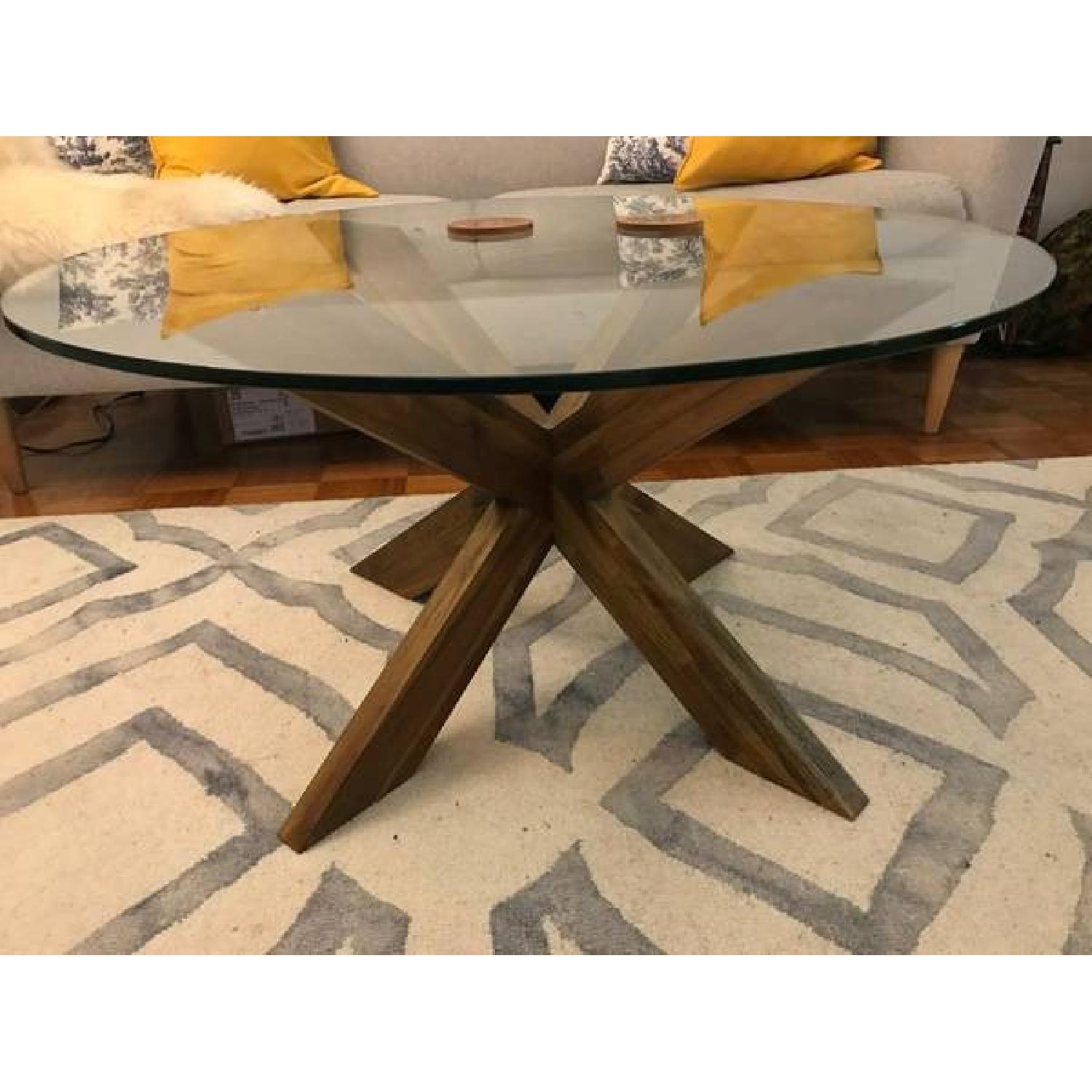 Pier 1 Glass Top Coffee Table w/ X Wood Base AptDeco