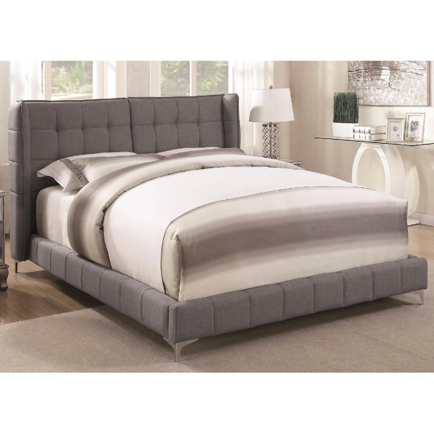 Coaster Queen Demi-Wing Bed Upholstered In Light Grey Fabric - image-1