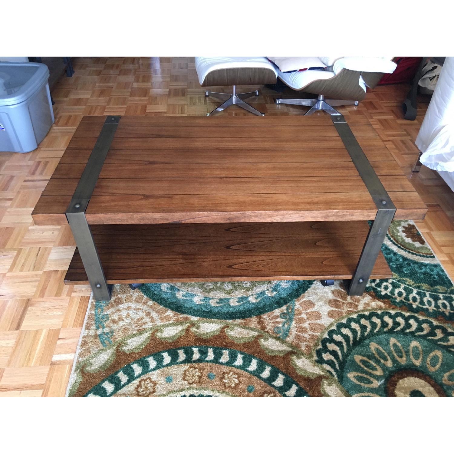 Tribecca Home Brass and Reclaimed Wood Rolling Coffee Table AptDeco