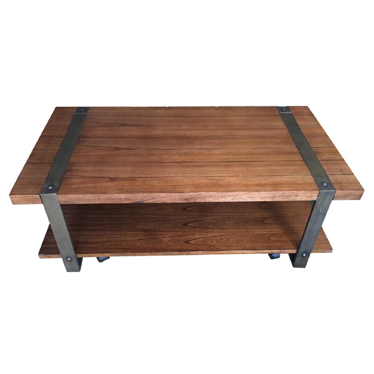Tribecca Home Brass and Reclaimed Wood Rolling Coffee Table AptDeco