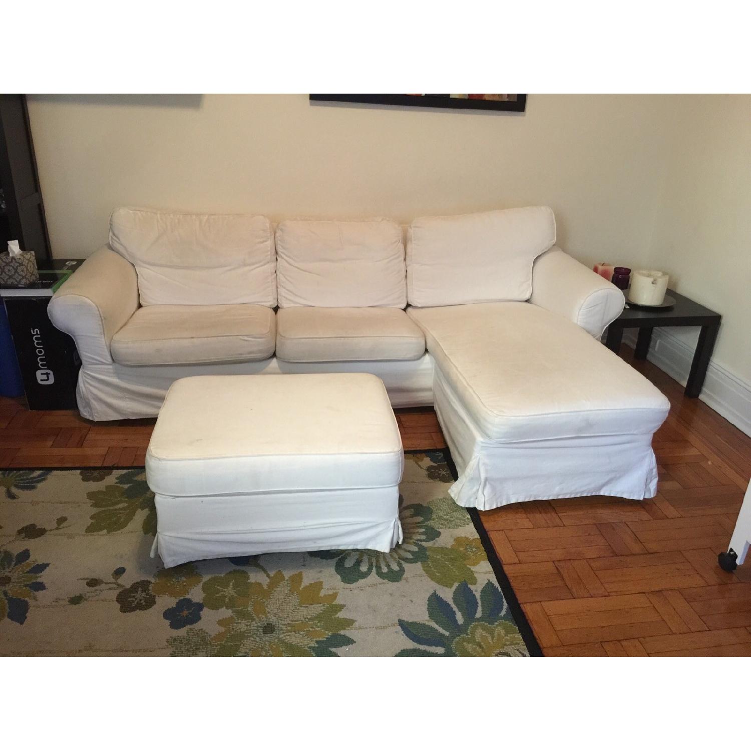 Ikea Ektorp White Loveseat w/ Chaise & Ottoman - image-1