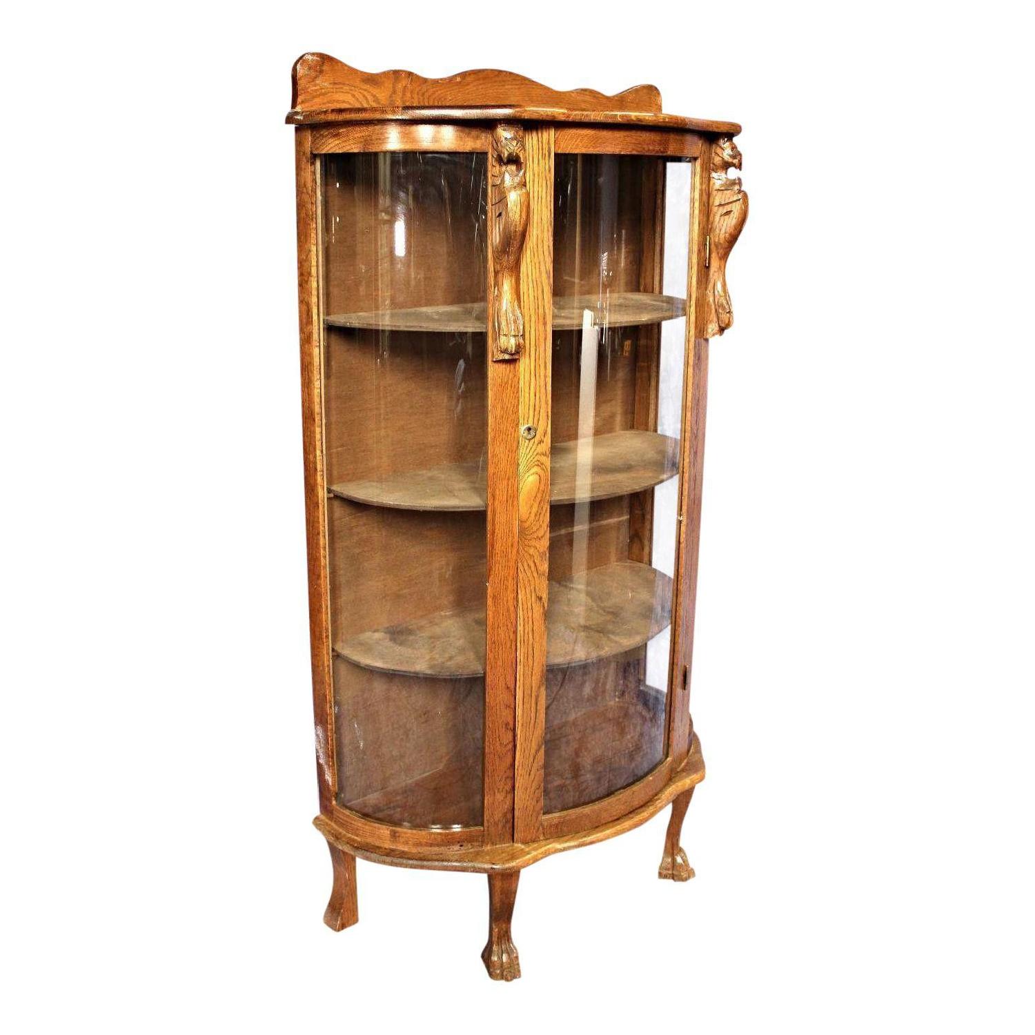 1900s Antique Oak Curved Curio/China Cabinet - image-8
