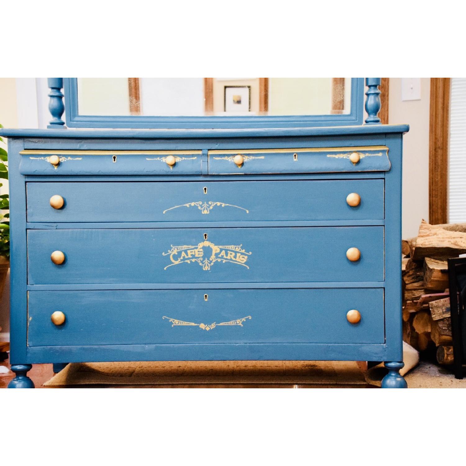 Northern Furniture Antique Blue & Gold Dresser w/ Mirror - AptDeco