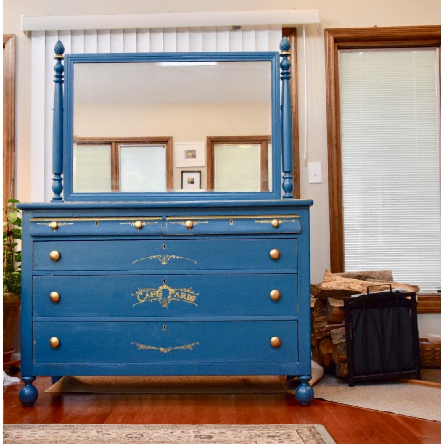 Northern Furniture Antique Blue & Gold Dresser w/ Mirror - AptDeco