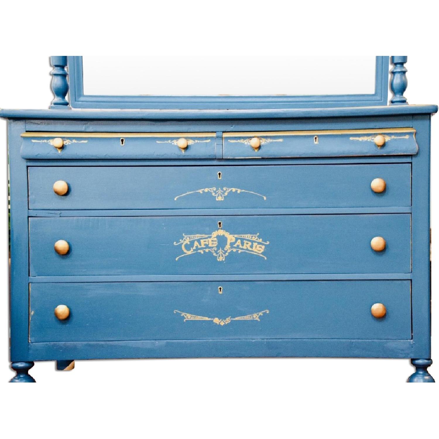 Northern Furniture Antique Blue & Gold Dresser w/ Mirror - AptDeco Northern Furniture Antique Blue & Gold Dresser w/ Mirror - AptDeco