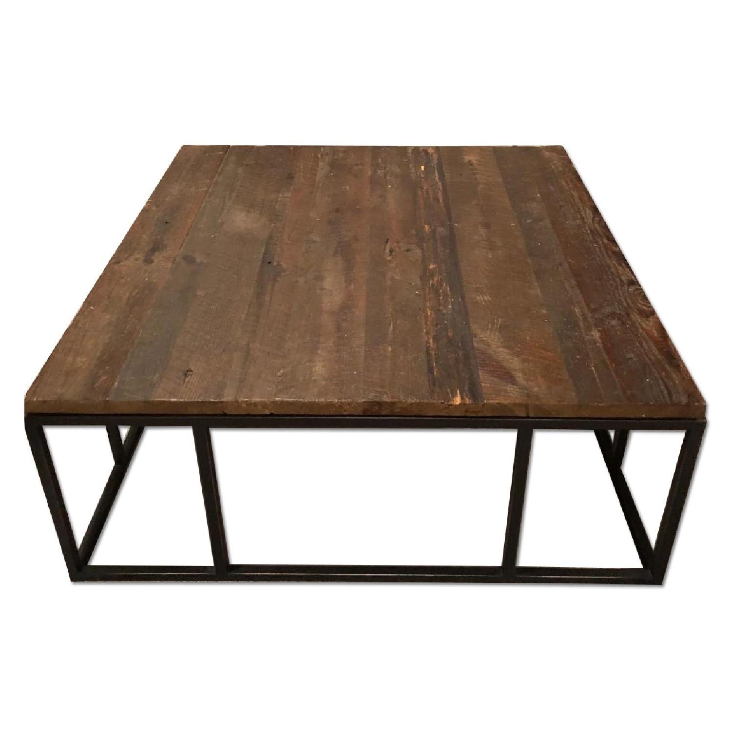 Mitchell Gold Square Wooden Coffee Table w/ Black Iron Base AptDeco