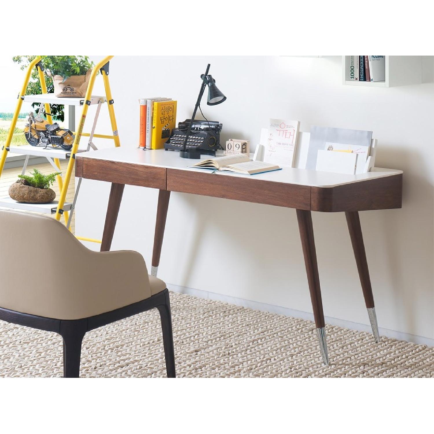 Modern Desk in Brown Oak Veneer w/ White Matte Top AptDeco