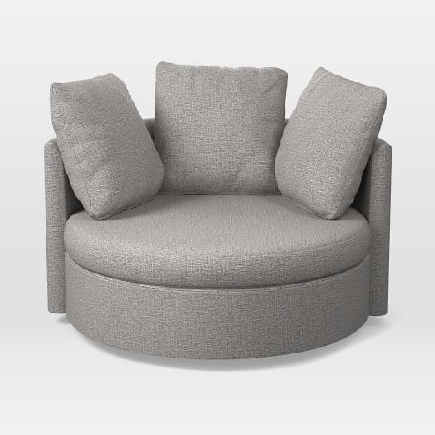 West Elm Shelter Reound Swivel Chair in Feather Grey Retro AptDeco