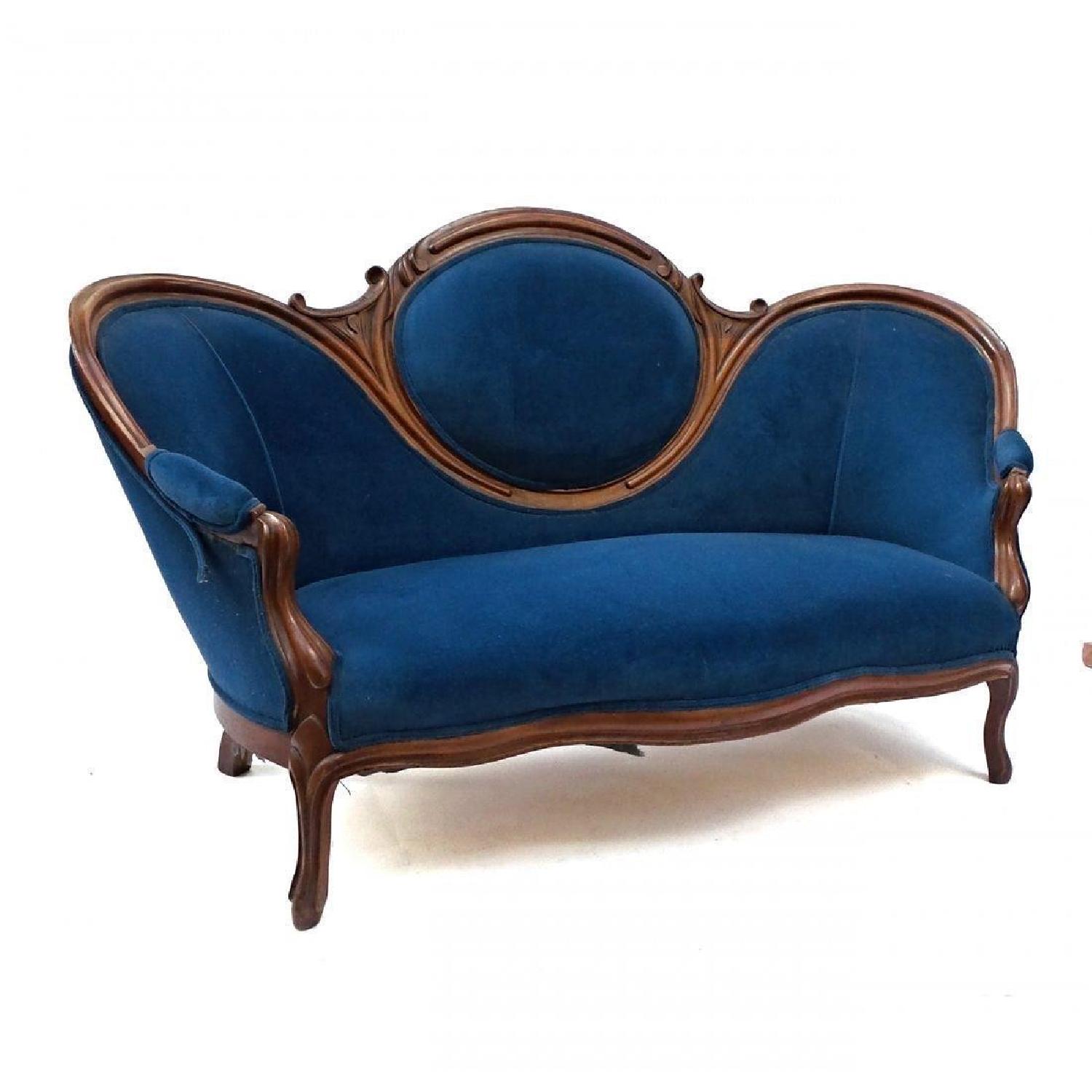 19th Century Antique Victorian Blue Upholstery Loveseat - image-1