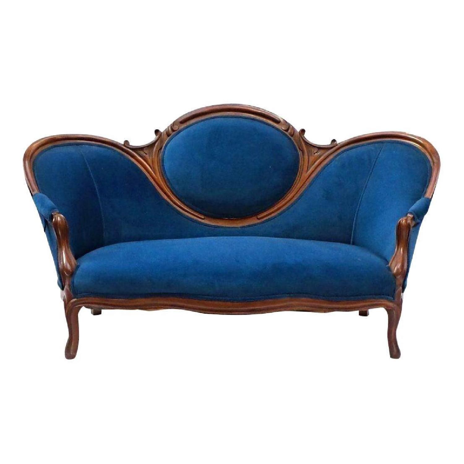 19th Century Antique Victorian Blue Upholstery Loveseat - image-8