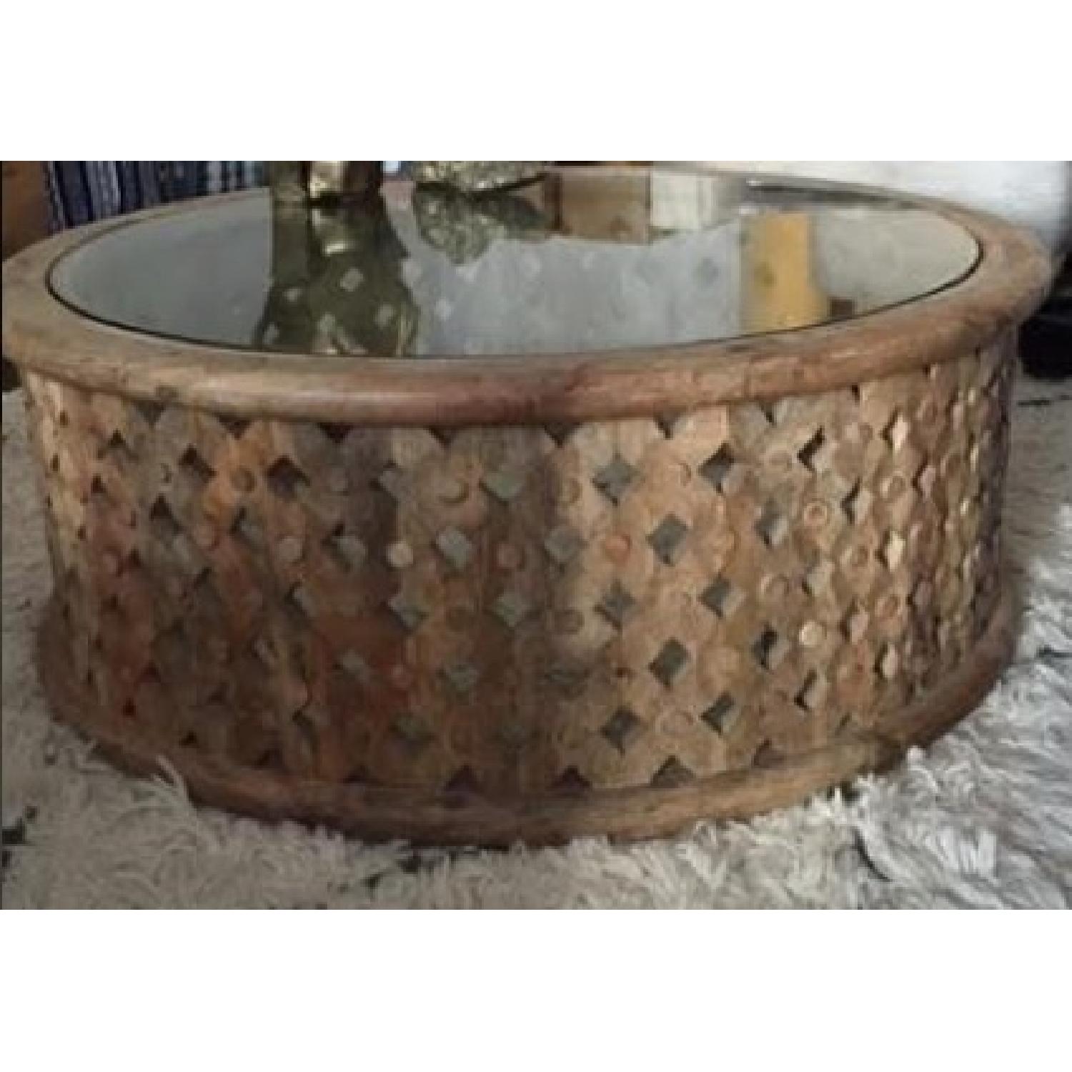 Glass Top Carved Wood Coffee Table - image-1