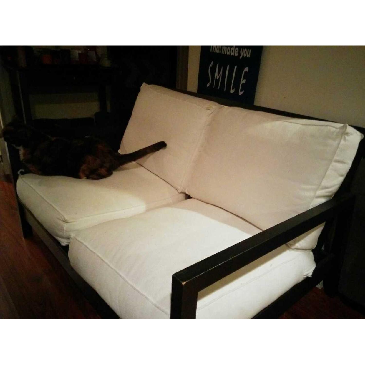Ikea Black Wood Frame Loveseat w/ White Cushions AptDeco
