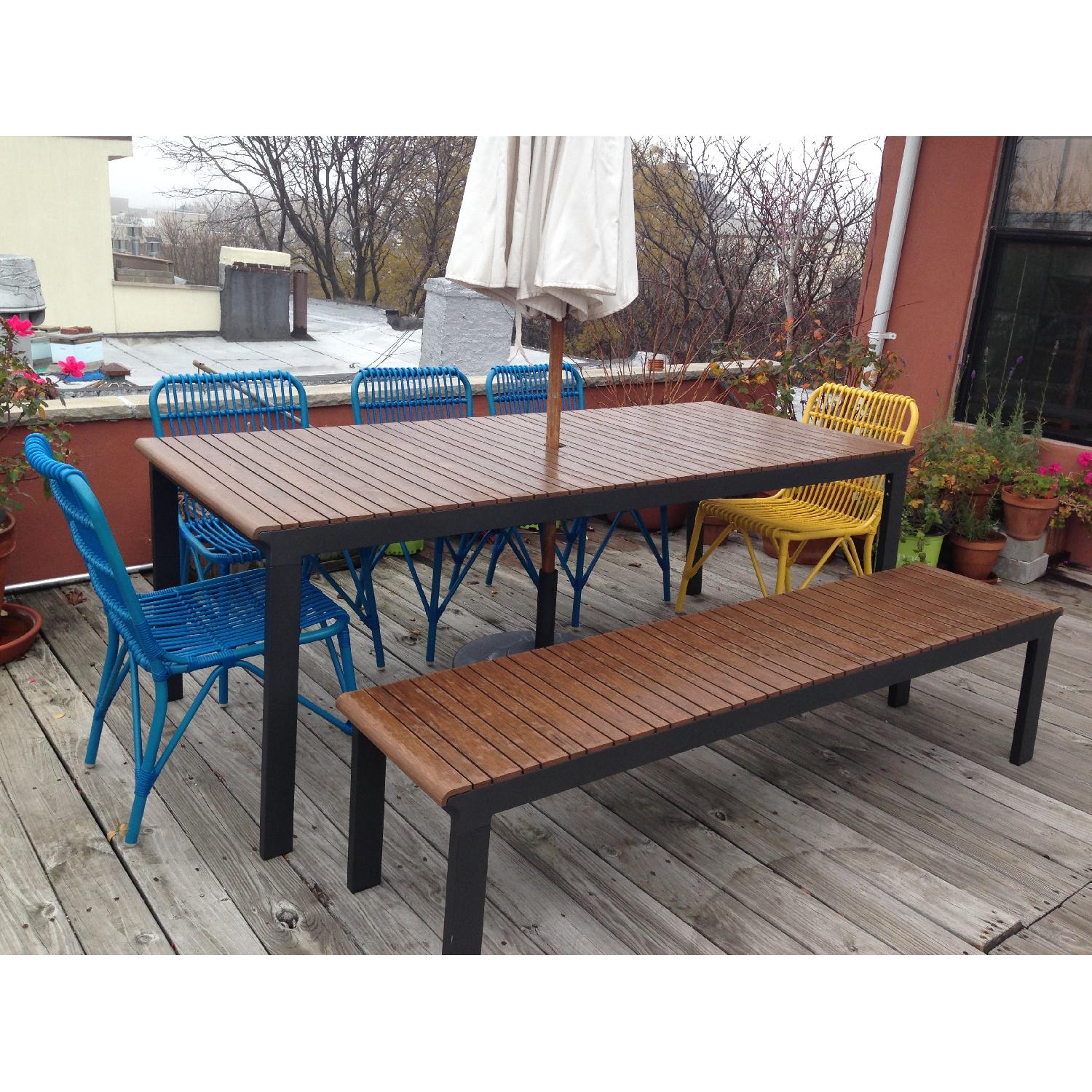 Crate & Barrel Outdoor Rectangular Metal Frame Table w/ 1 Bench & 5 Chairs - image-1