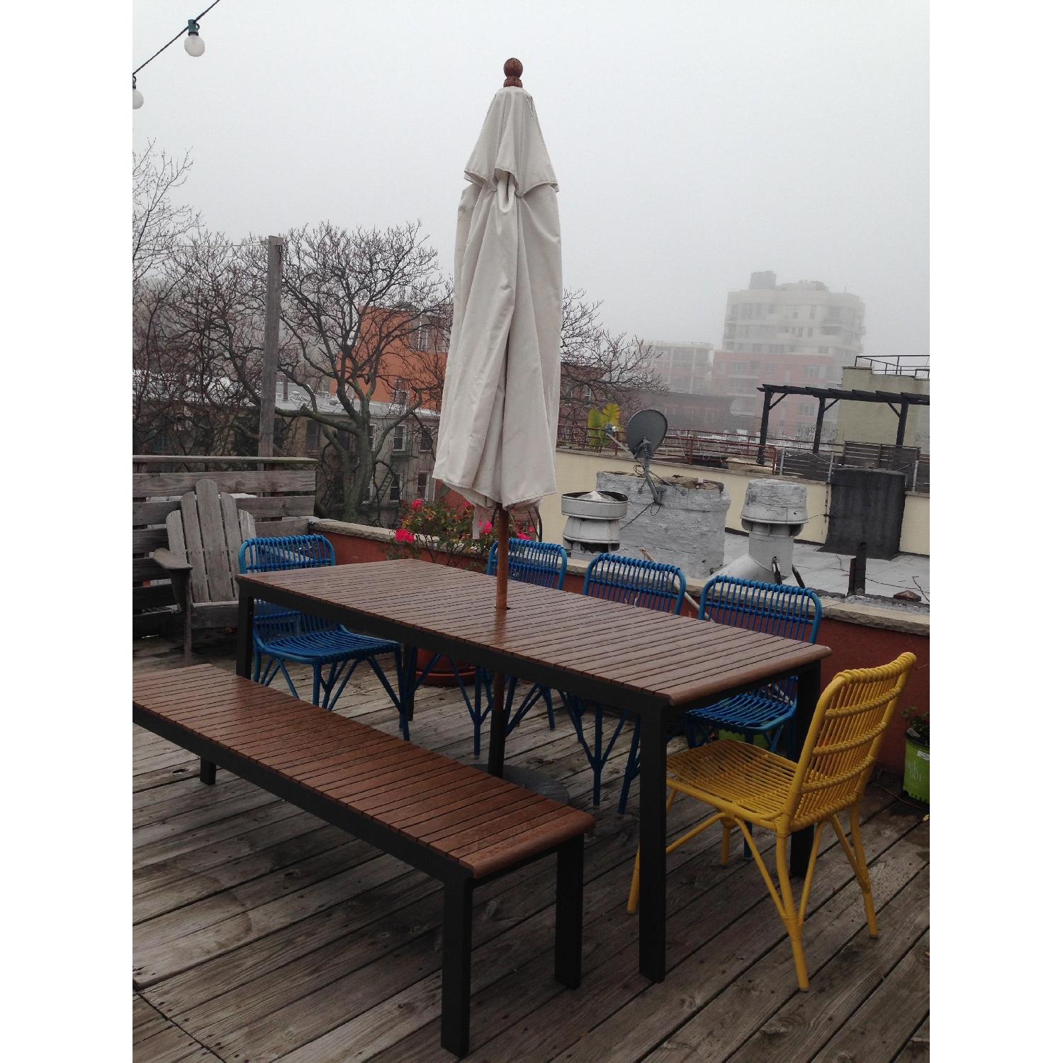 Crate & Barrel Outdoor Rectangular Metal Frame Table w/ 1 Bench & 5 Chairs - image-2