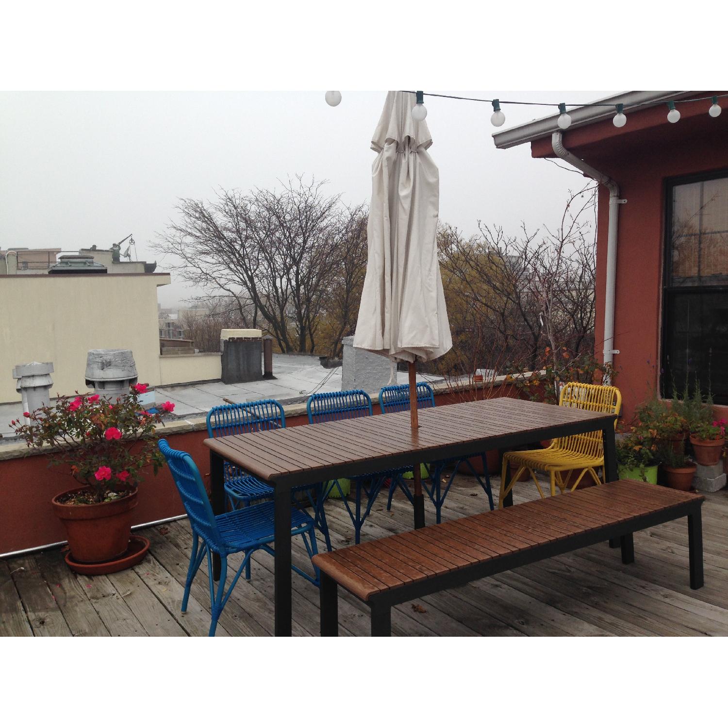 Crate & Barrel Outdoor Rectangular Metal Frame Table w/ 1 Bench & 5 Chairs - image-3