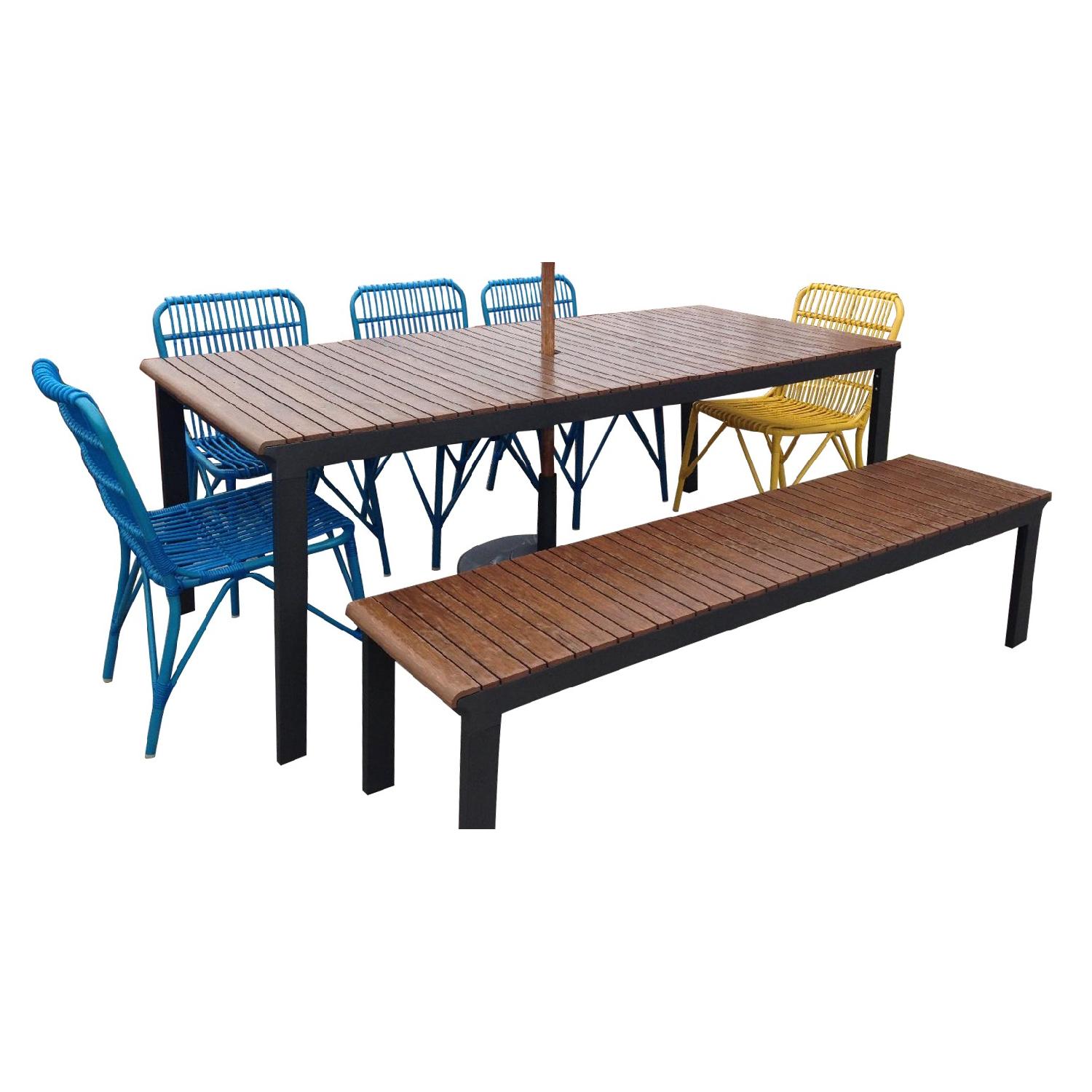 Crate & Barrel Outdoor Rectangular Metal Frame Table w/ 1 Bench & 5 Chairs - image-0