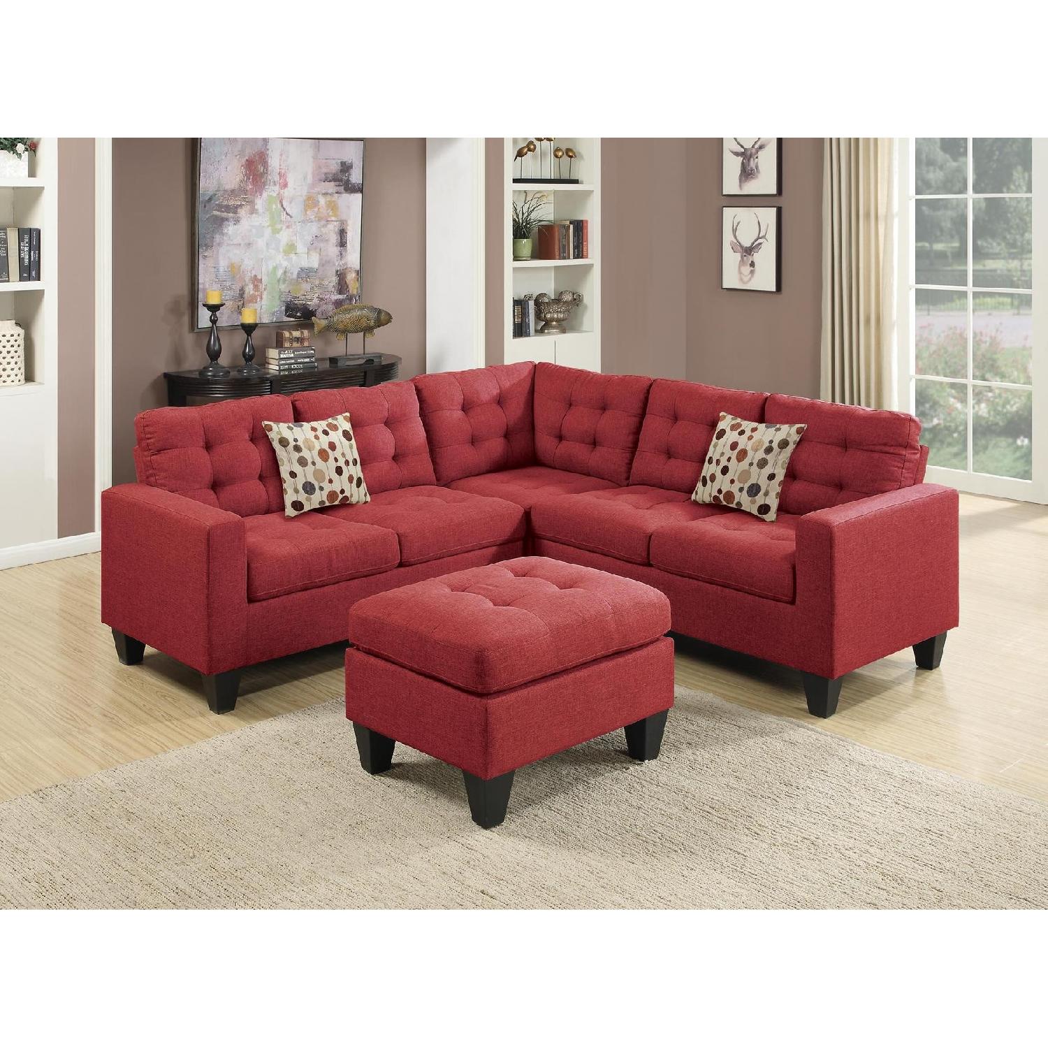 Red Fabric 4 Piece Sectional Sofa & Ottoman - image-1