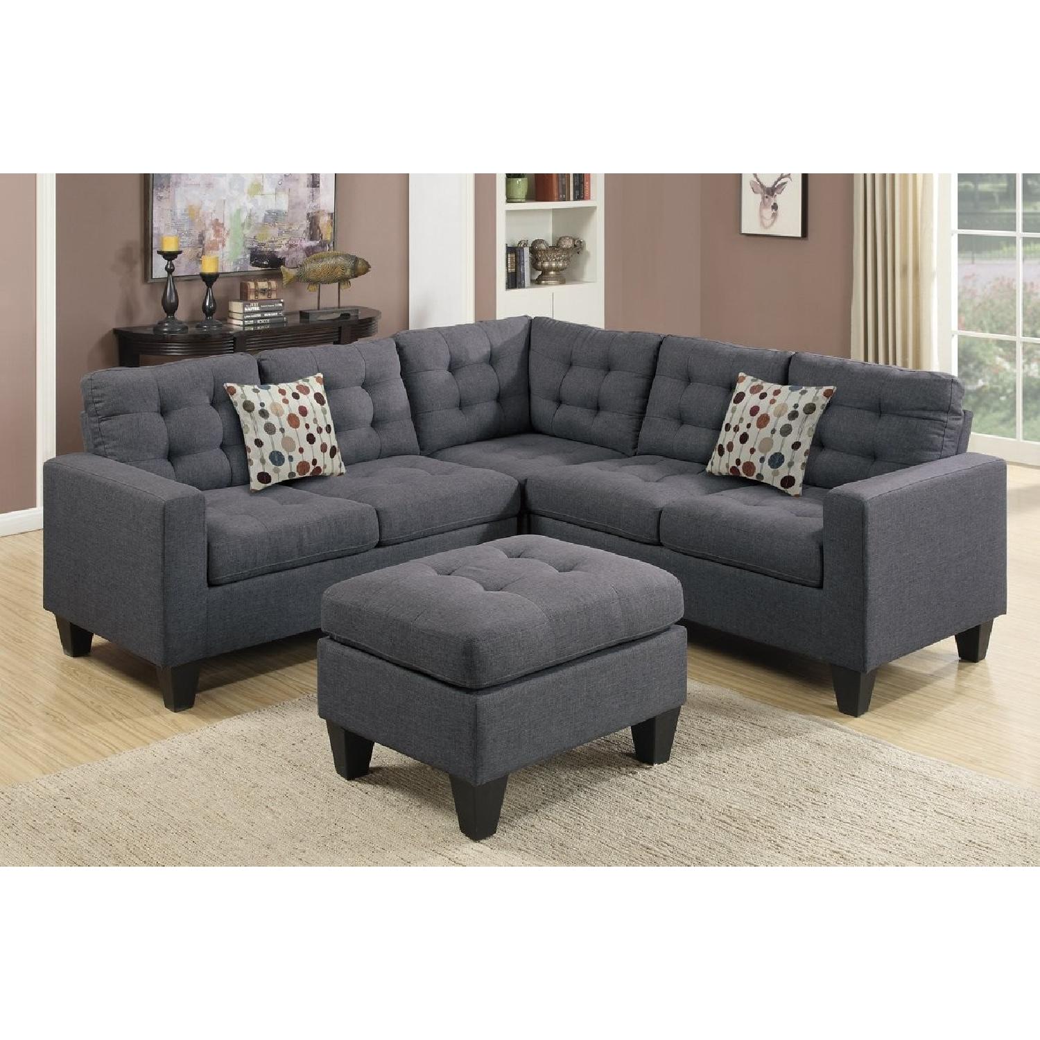 Blue Grey Fabric 4-Piece Sectional Sofa & Ottoman - image-2