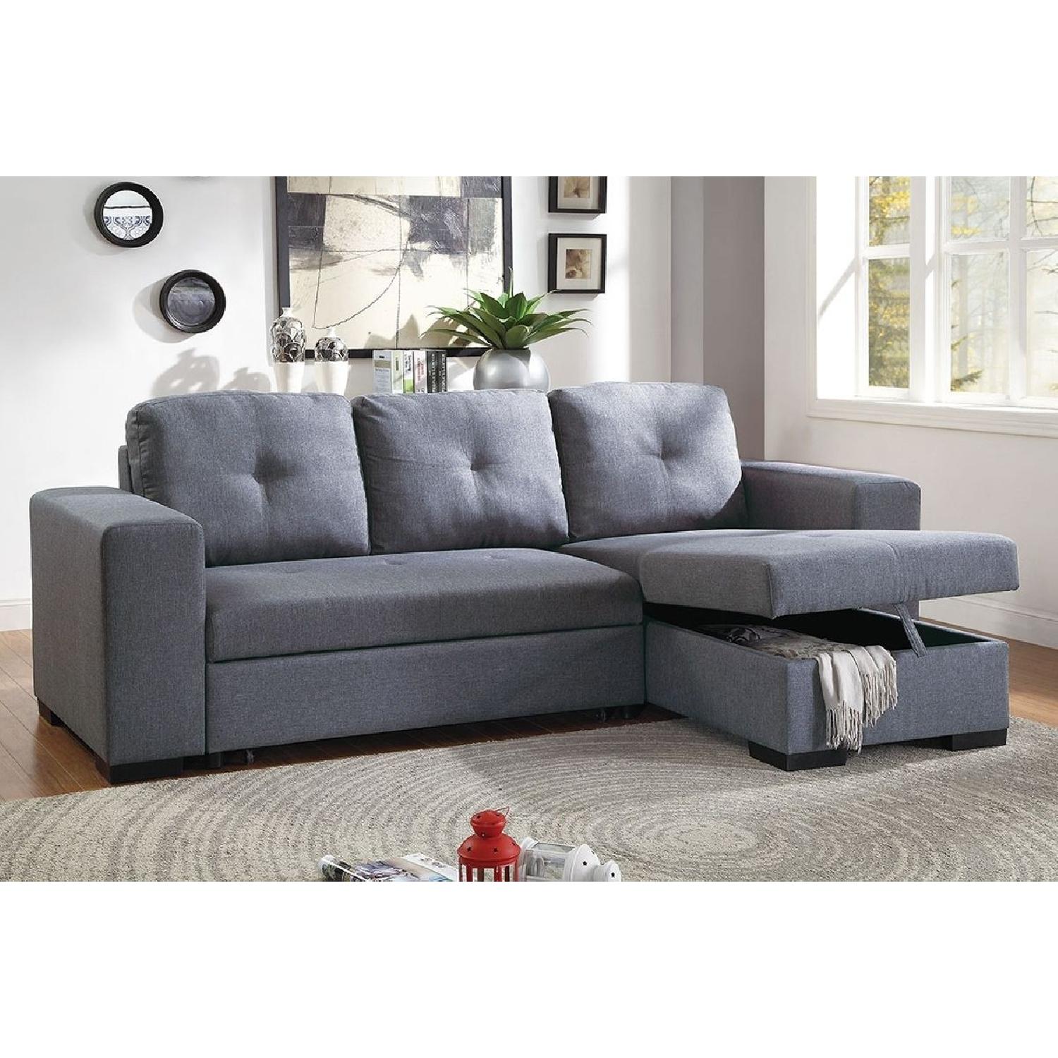 Blue Grey Polyfiber Convertible Sectional Sofa Bed - image-3