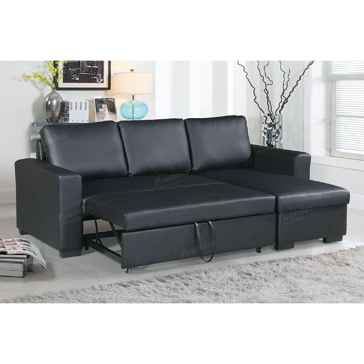 Black Bonded Leather PullOut Bed Sectional w/ Storage AptDeco