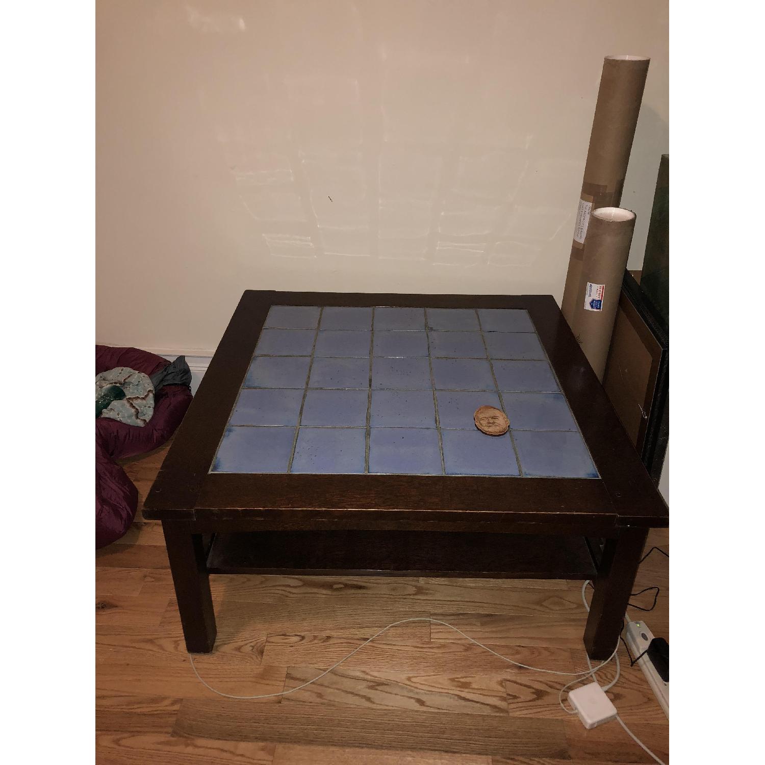 Vintage Stickley Audi Blue Tile Wood Coffee Table - image-2