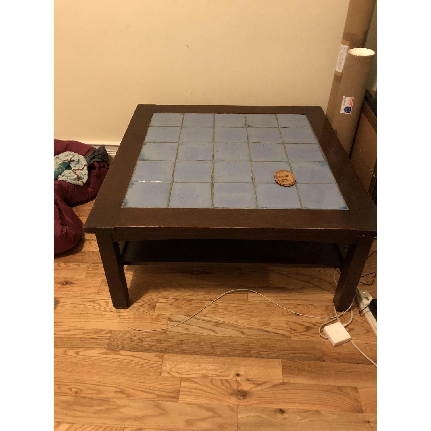 Vintage Stickley Audi Blue Tile Wood Coffee Table - image-6