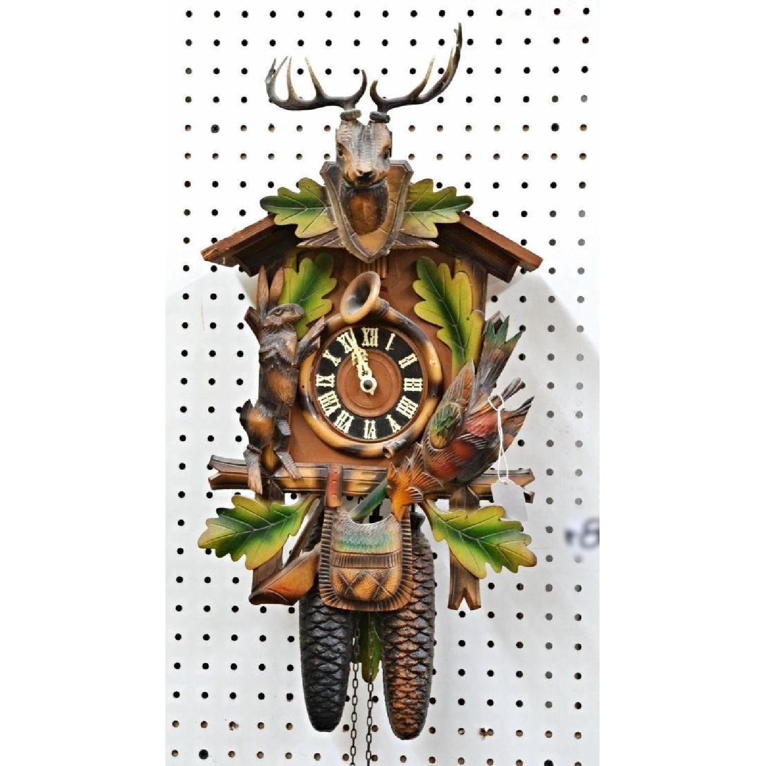 German Black Forest Painted Carved Wood Cuckoo Hunter Clock - image-1