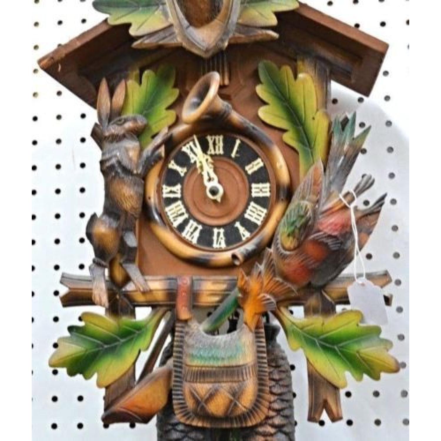 German Black Forest Painted Carved Wood Cuckoo Hunter Clock - image-2
