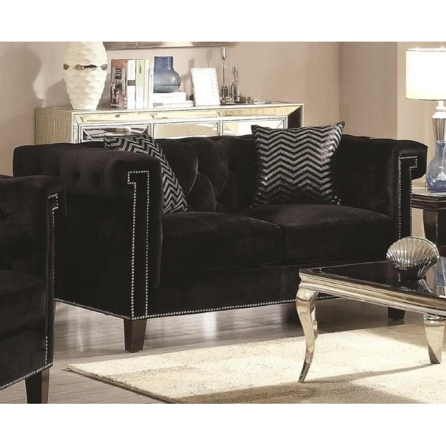 Tufted Black Velvet Loveseat w/ Nailhead AptDeco