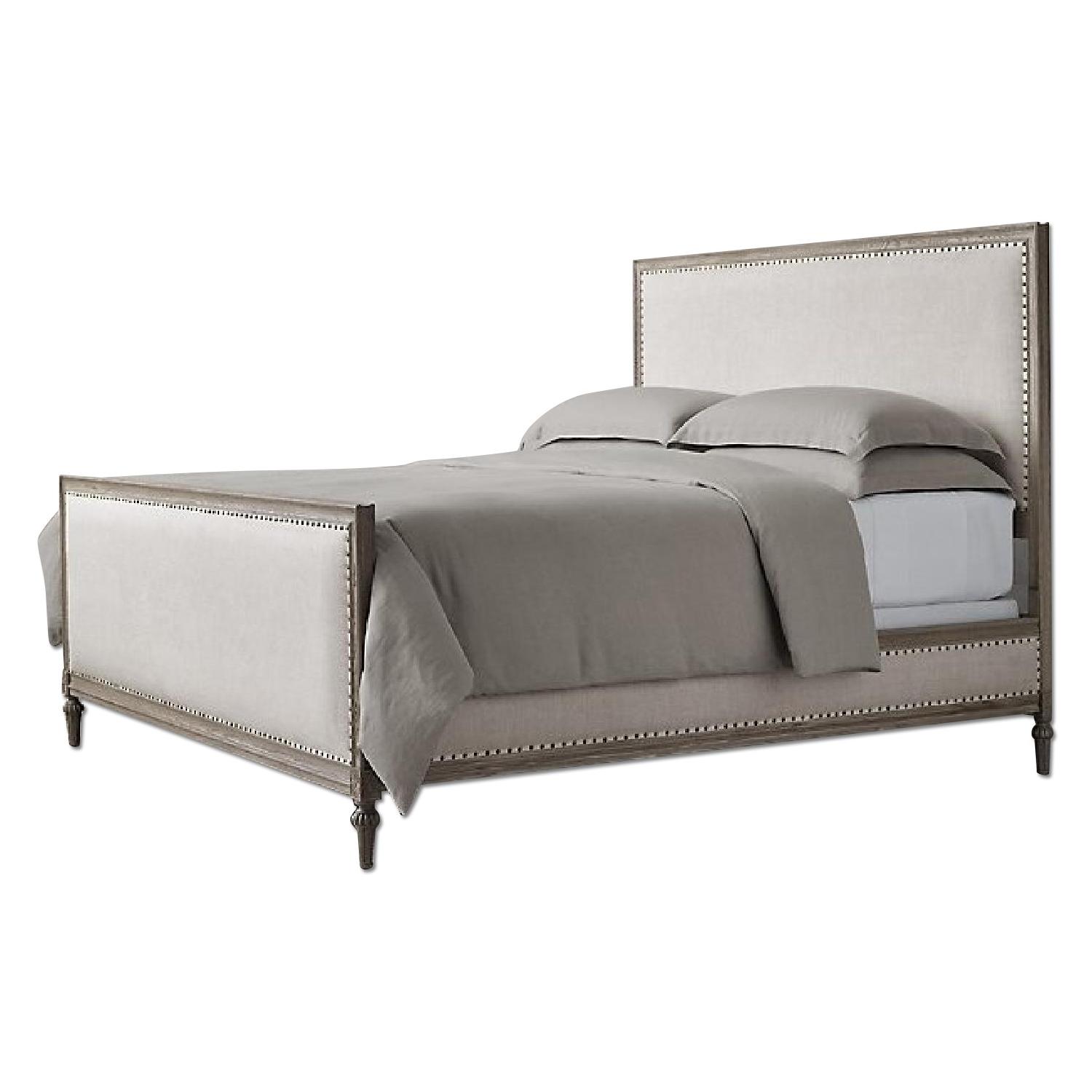 Restoration Hardware King Linen Upholstered Bed w/ Wood Trim - image-0