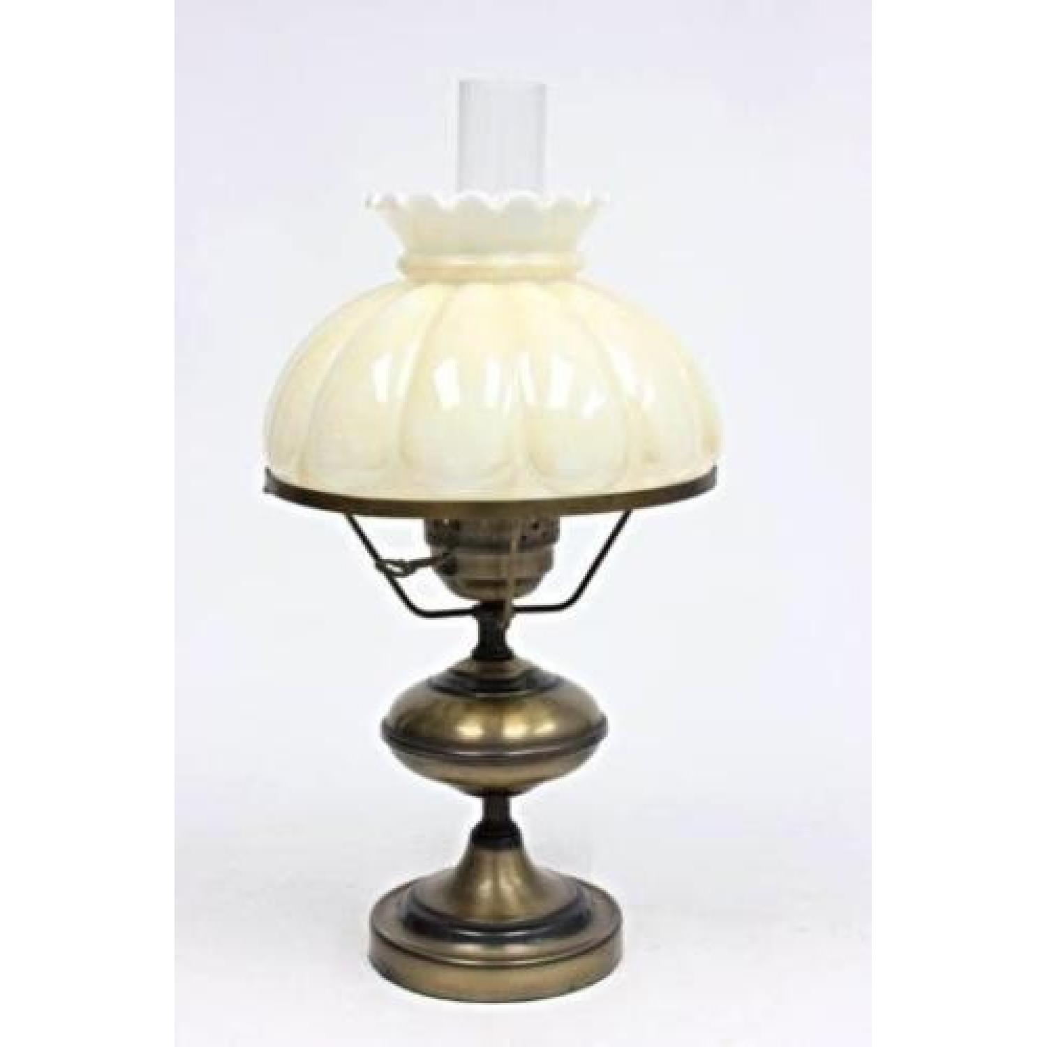 Vintage Oil Style Brass Base Milk Glass Shade Table Lamp - image-1