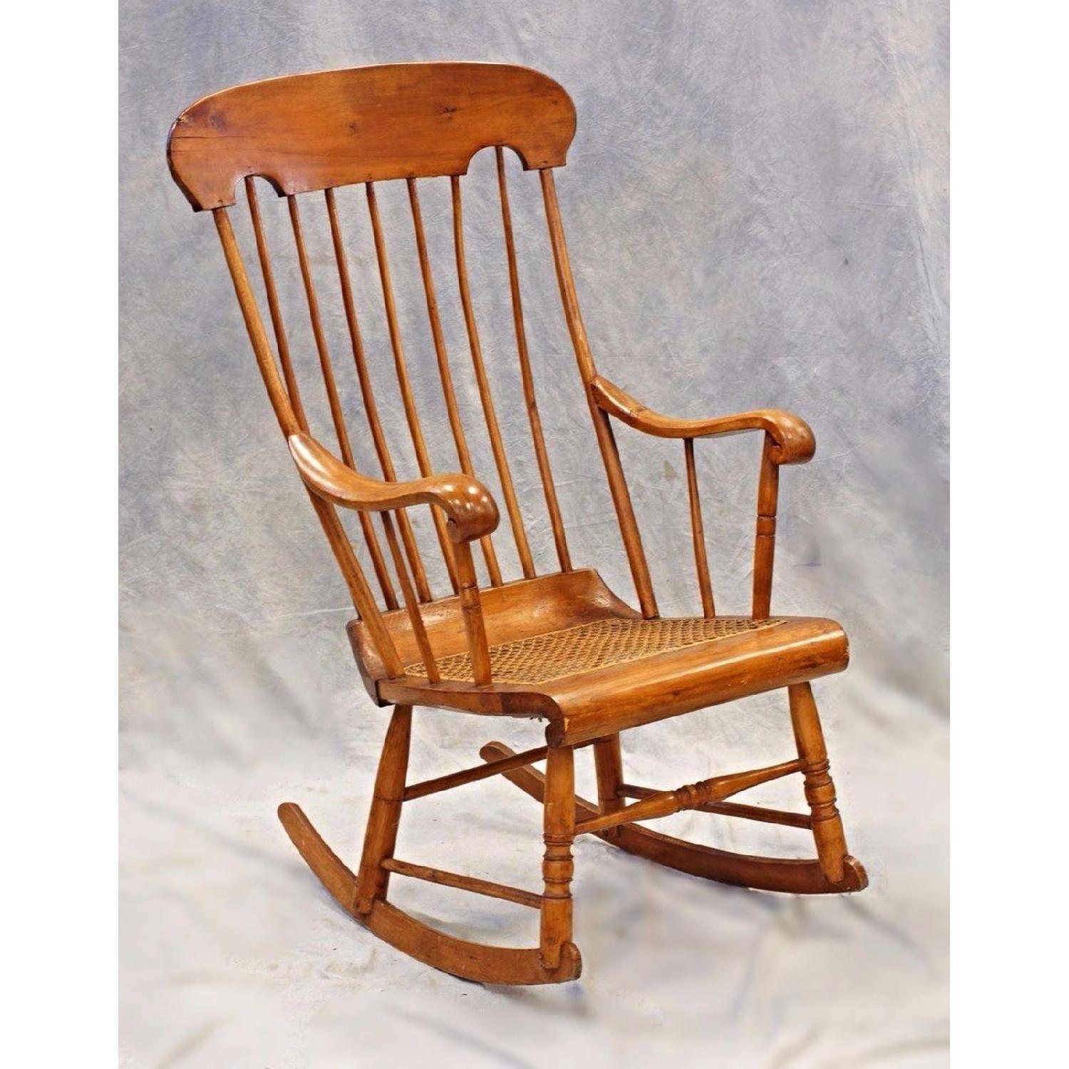 19th C Antique American Spindle Back Caned Seat Rocking - image-1
