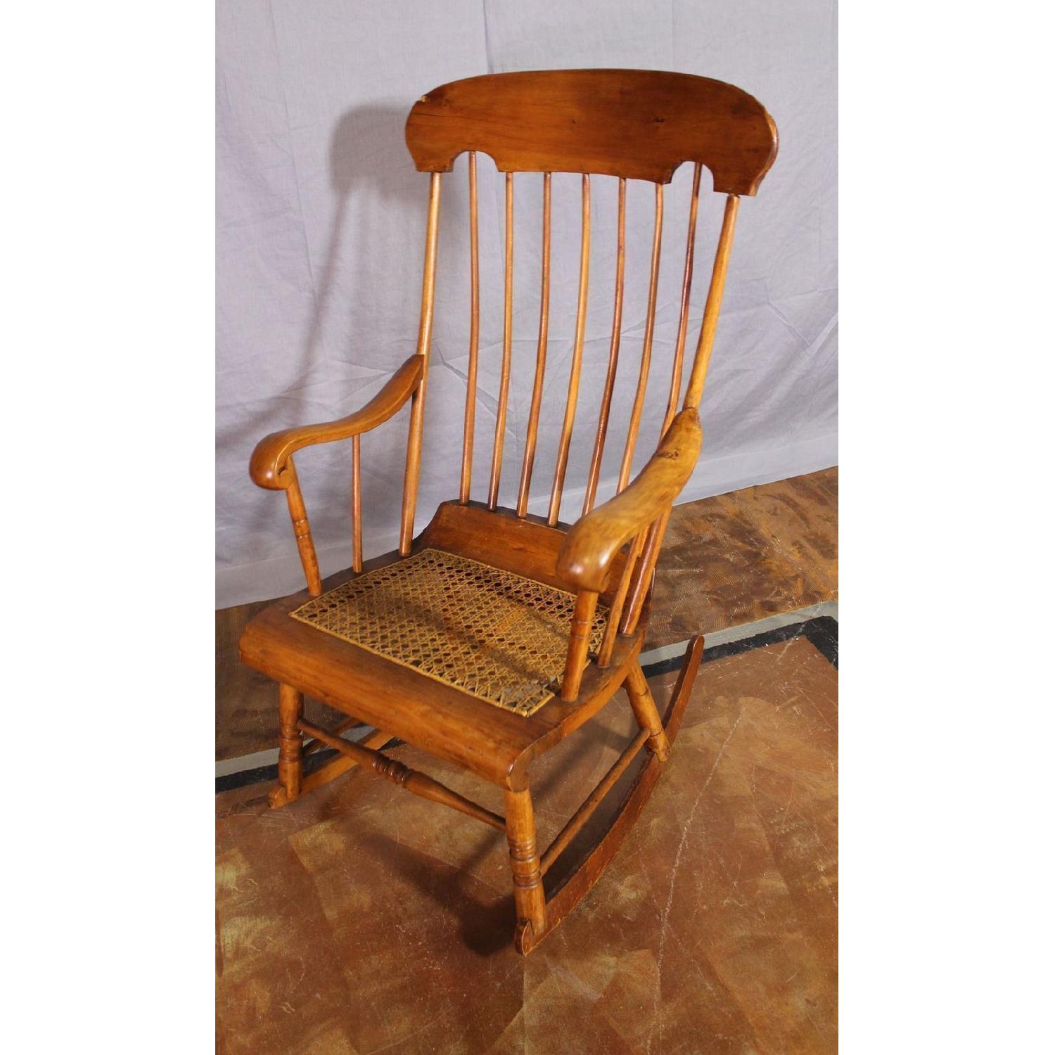 19th C Antique American Spindle Back Caned Seat Rocking - image-5
