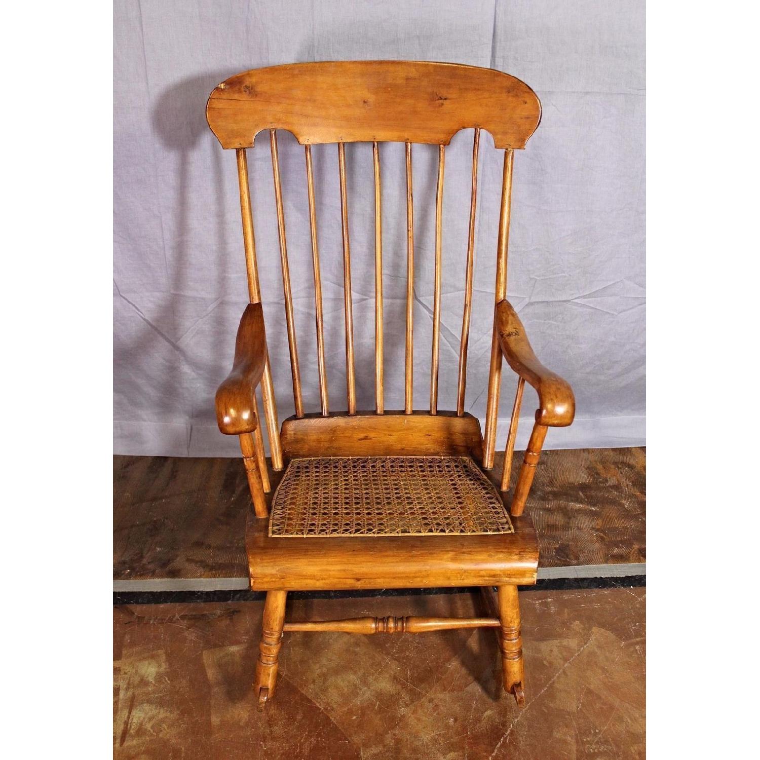19th C Antique American Spindle Back Caned Seat Rocking - image-9