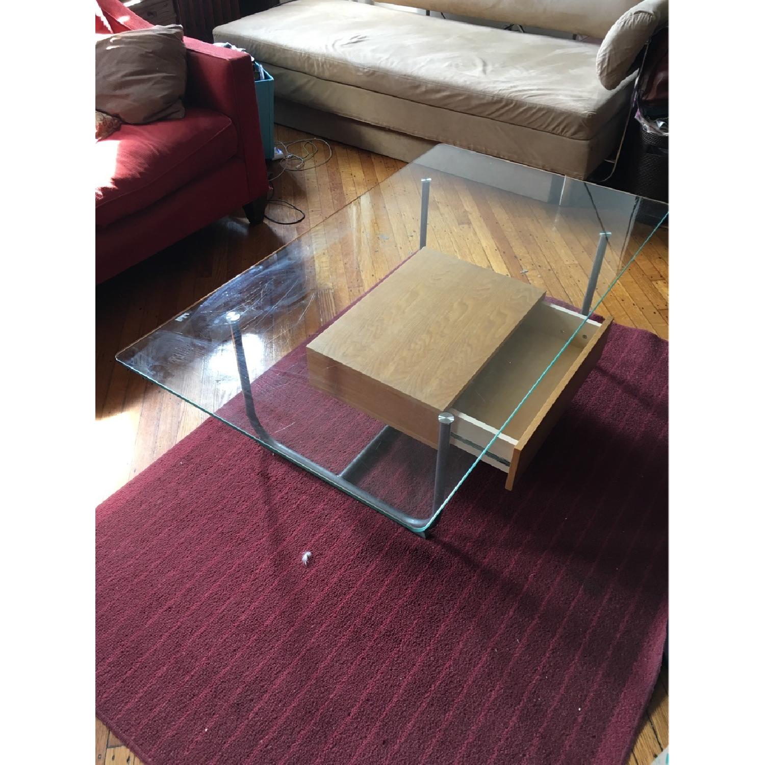 Box Frame Glass Coffee Table w/ Wooden Drawer - image-2