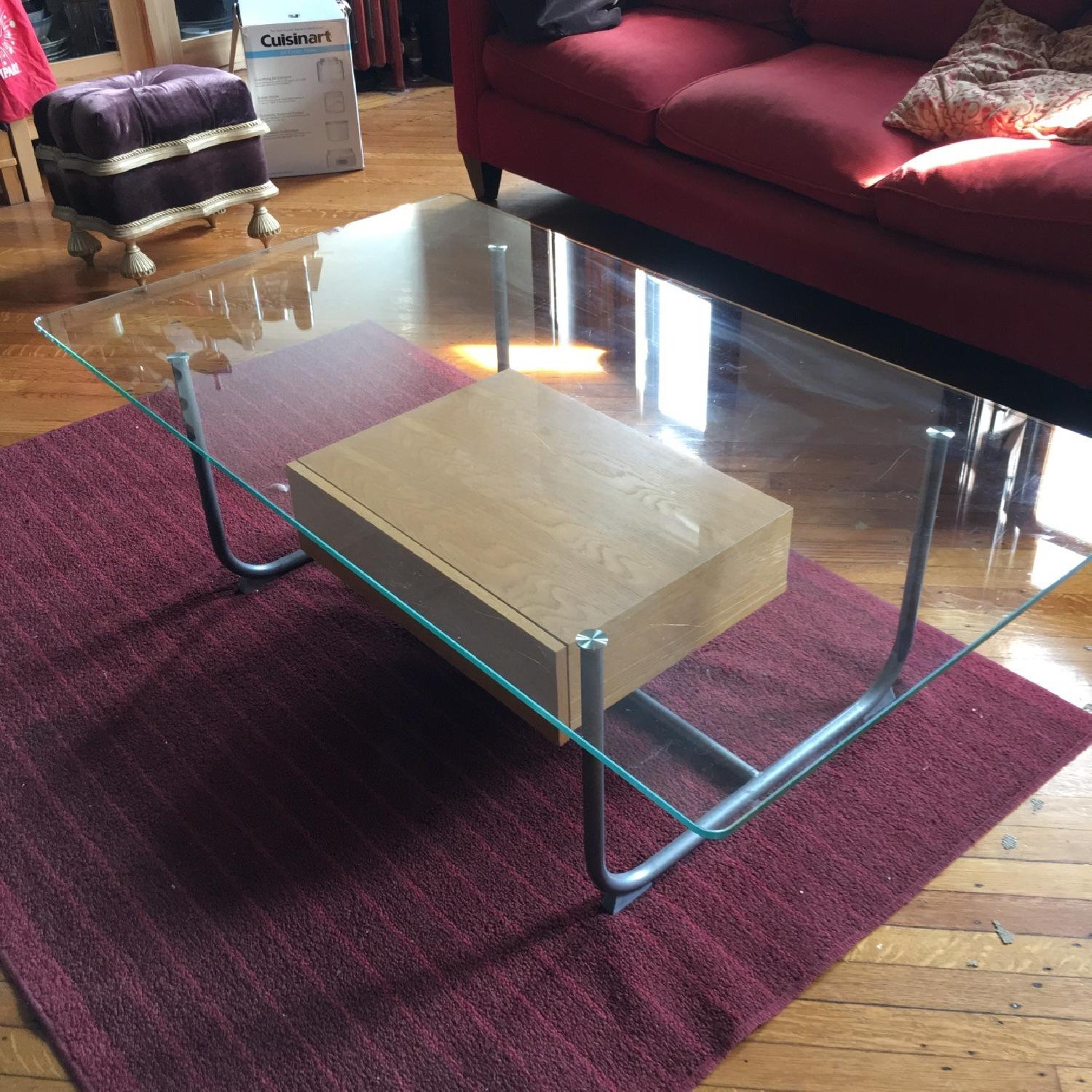 Box Frame Glass Coffee Table w/ Wooden Drawer - image-3