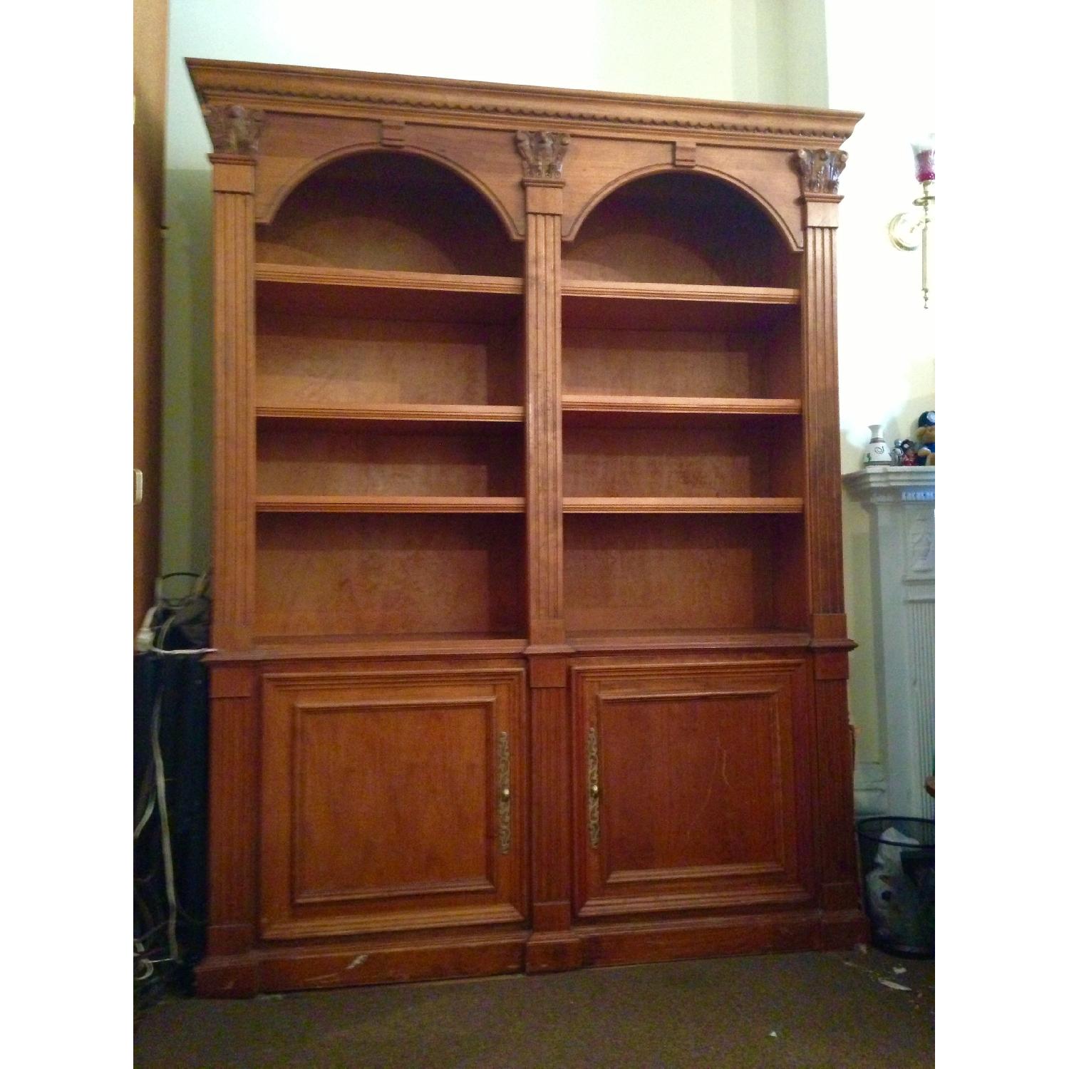 Solid Wood Bookcase w Adjustable Shelves & Built-In Cabinets - image-1