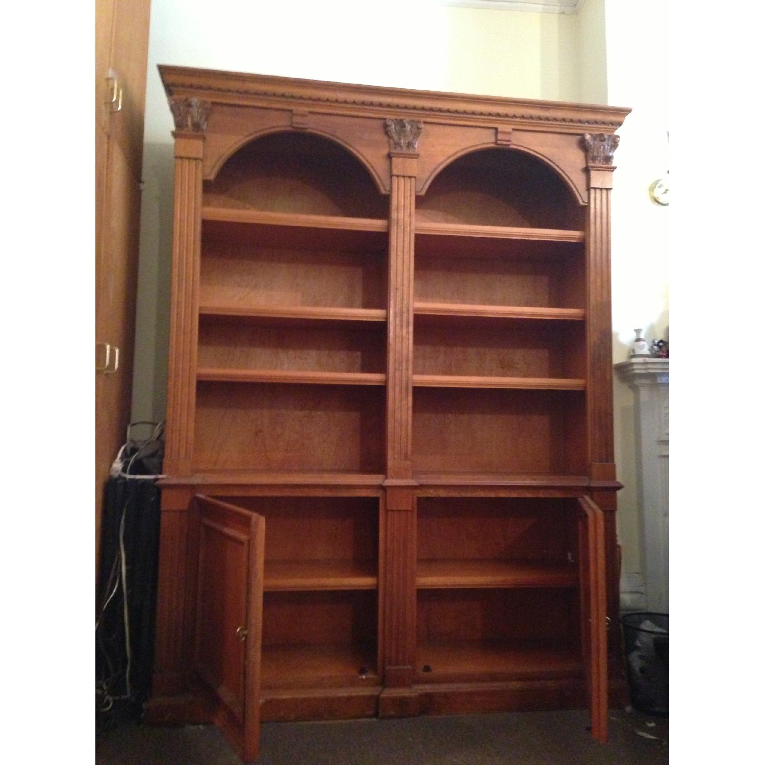 Solid Wood Bookcase w Adjustable Shelves & Built-In Cabinets - image-2