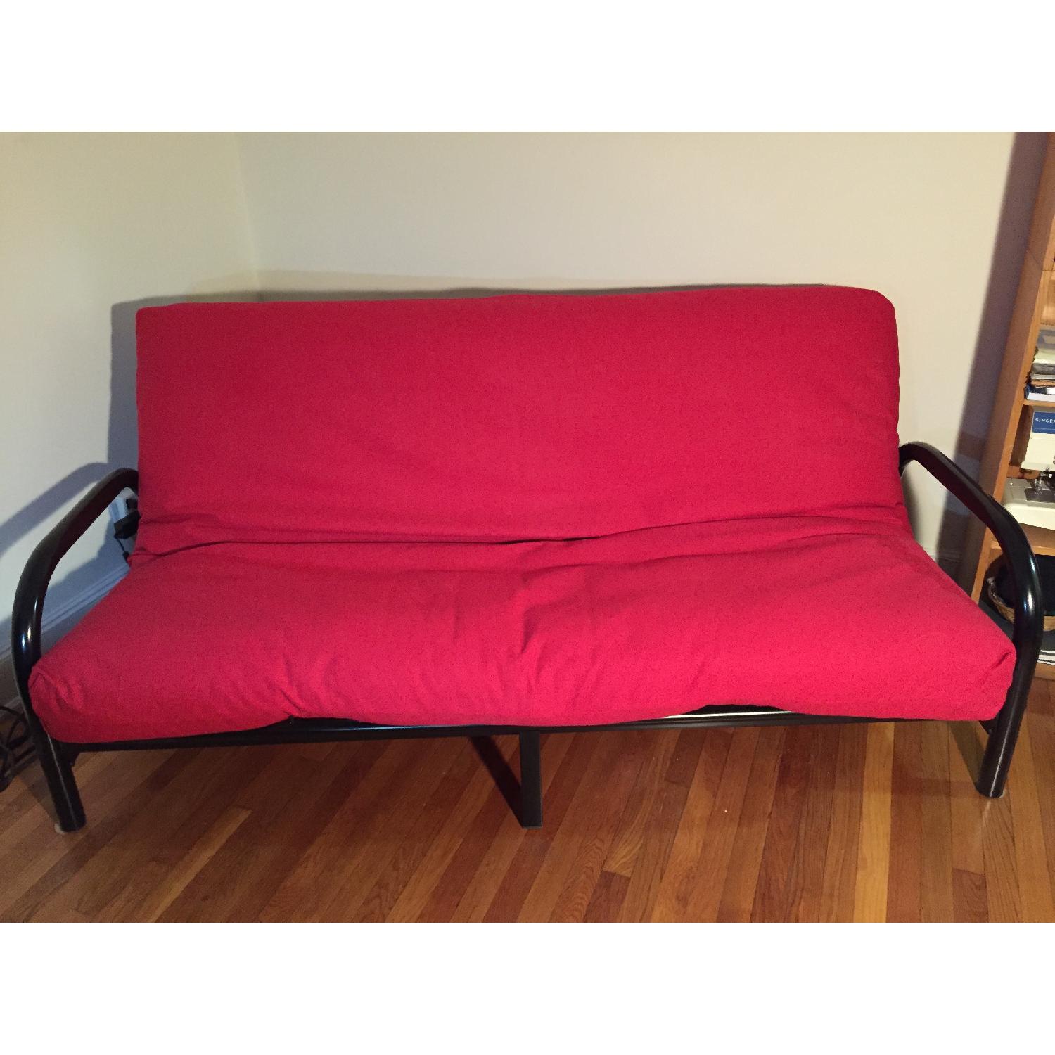 Black Metal Frame/Full-Size Red-Covered Futon - image-1