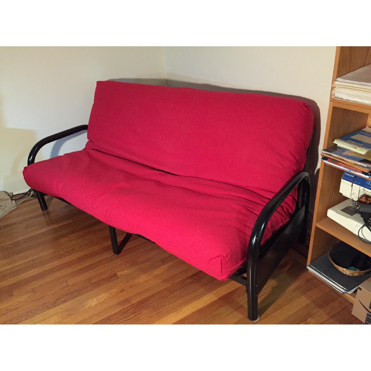 Black Metal Frame/Full-Size Red-Covered Futon - image-2