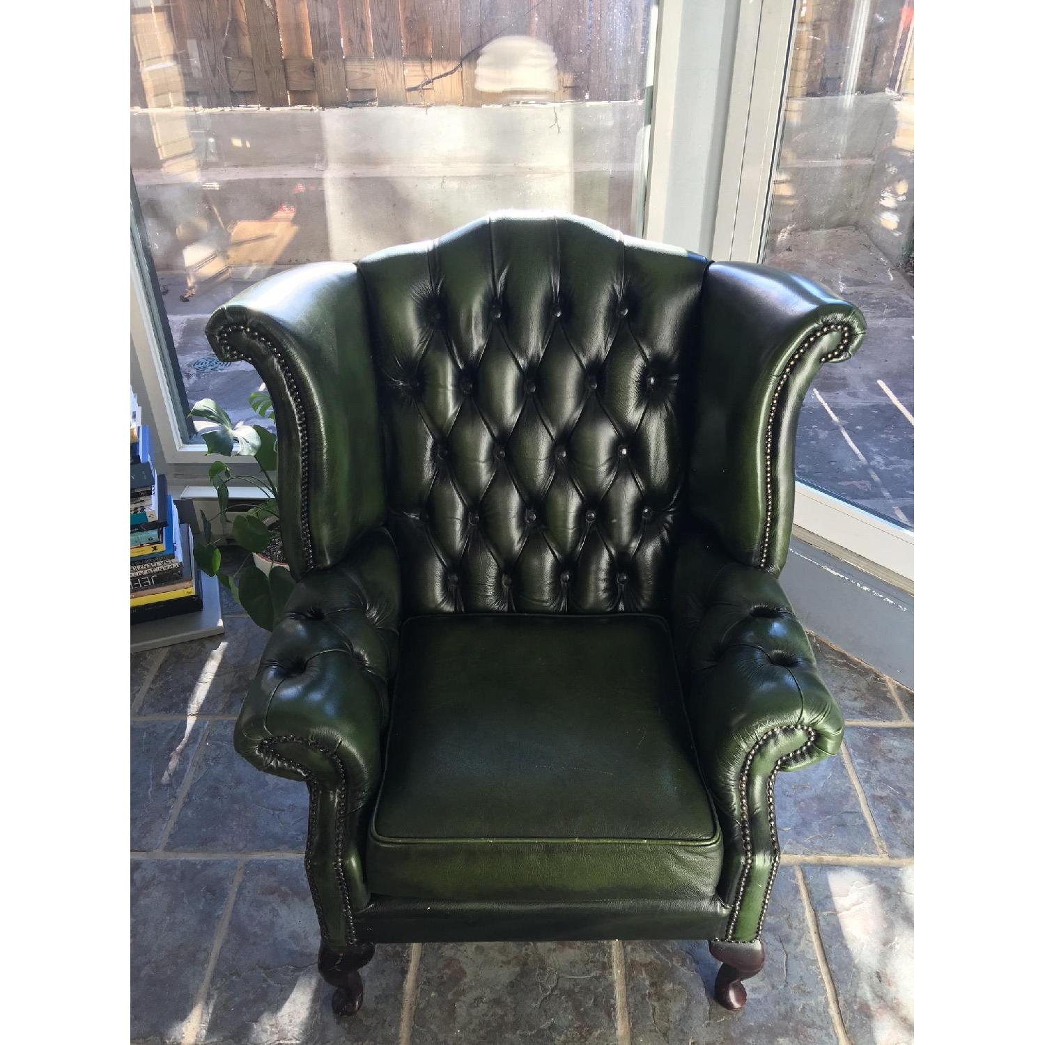 Chesterfields of England Leather Chesterfield Queen Anne Wingback Armchair in Forest Green - image-1