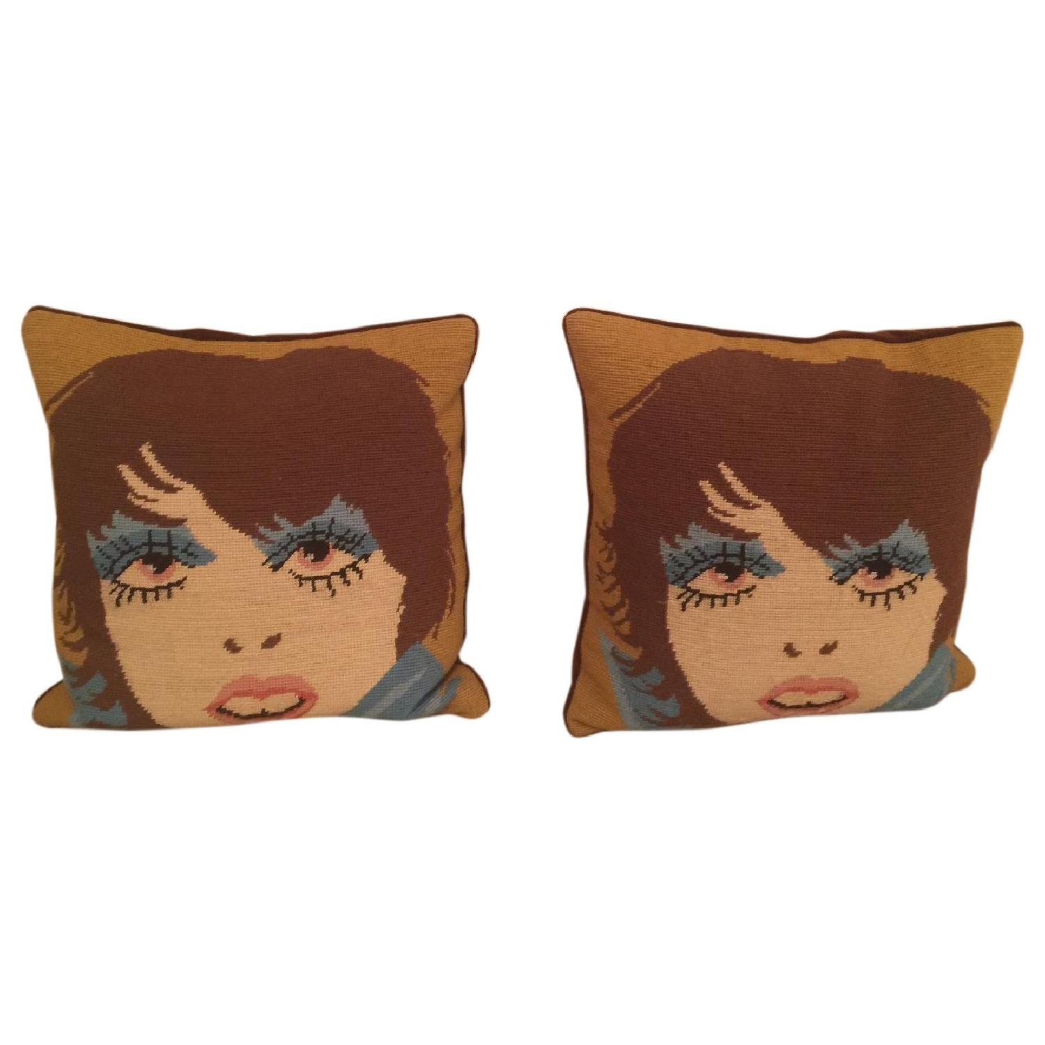 Jonathan Adler Disco Lady Needlepoint Throw Pillows Pair